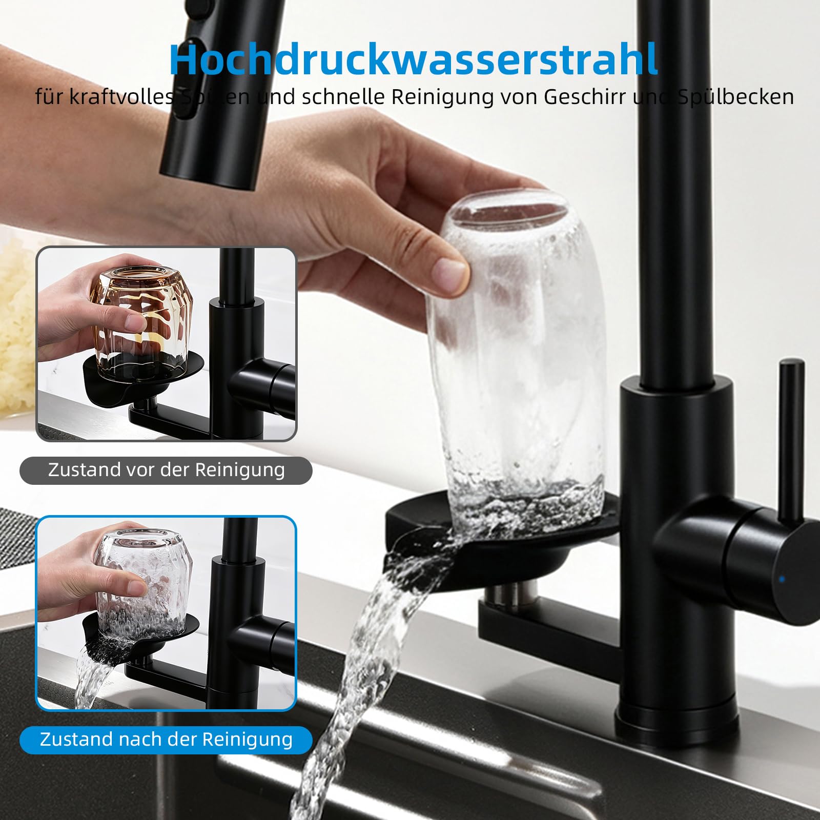 Küchenarmatur Wasserhahn Küche Glasspüler, Ausziehbar Dual-Auslauf Schwarz | Mischbatterie Küche Mynaiad mit Glasspüler Ausziehbar Armatur,360°-Drehung, Dual-Auslauf 304 Edelstahl gebürstet für Küche