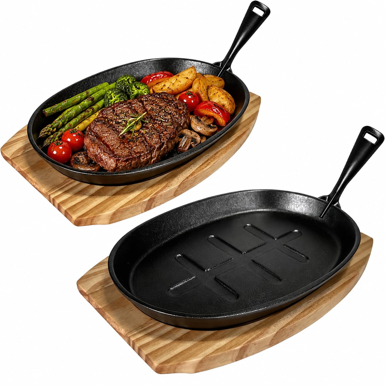 YQGQSUAK 2 Pack Cast Iron Sizzler Plates, Fajita Pans with Wooden Bases