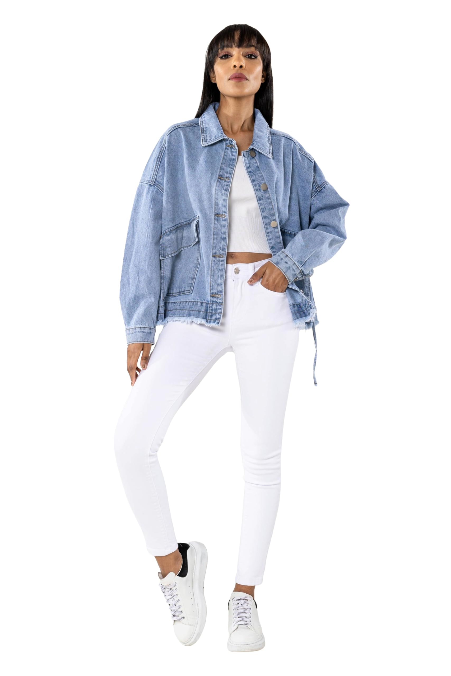 Nina Carter Damen Oversized Jeansjacke – Lockere Denim Jacke mit Knopfleiste und großer Tasche, Casual Übergangsjacke für Frühling und Herbst