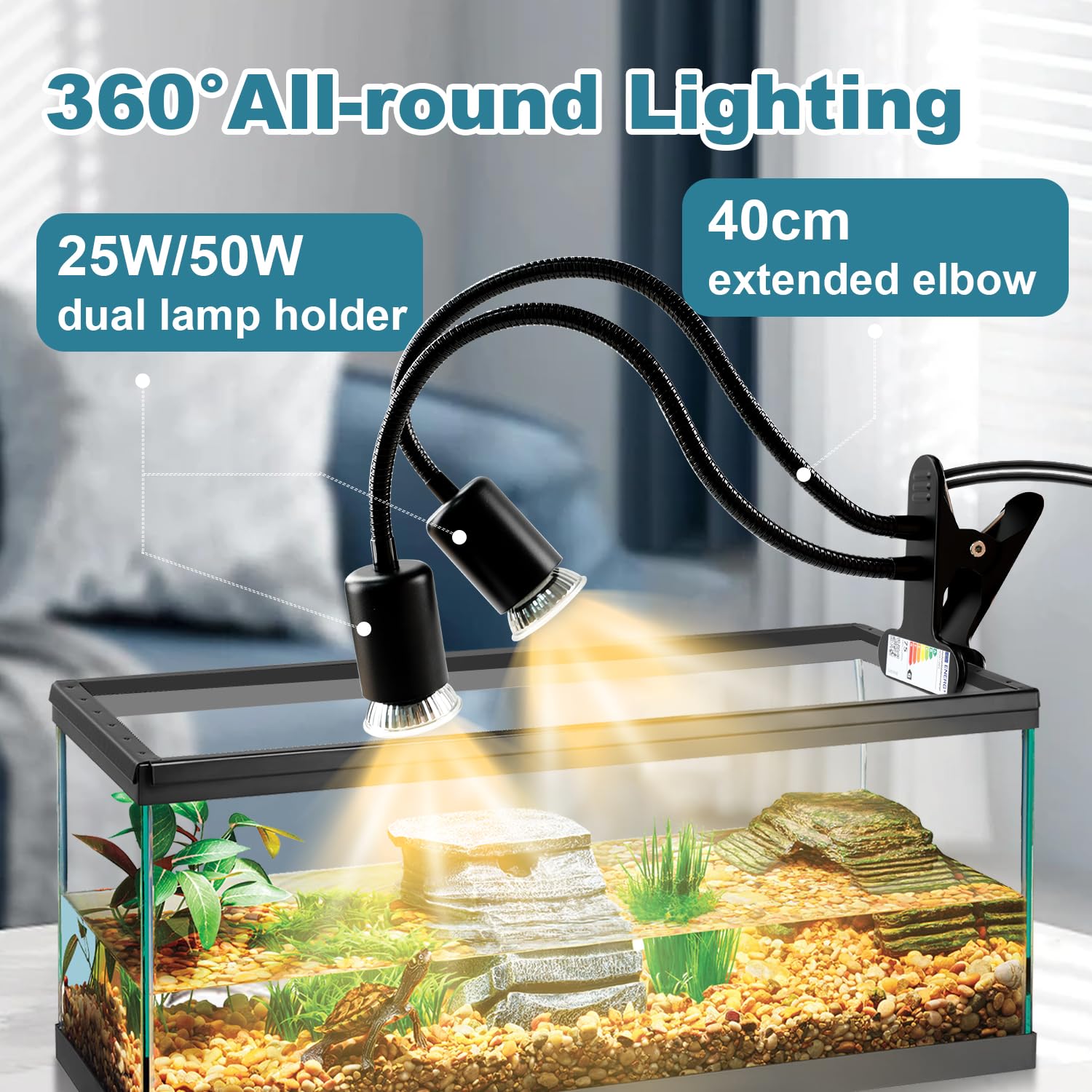 testyu Lampada Riscaldante Tartarughe a Due Teste, 25W+50W Lampada Tartarughe Acqua E27, UVA+UVB Lampadas Riscaldante Rettile con Interruttore Timer Regolabile per Tartarughe Rettili Lucertole (Nero)