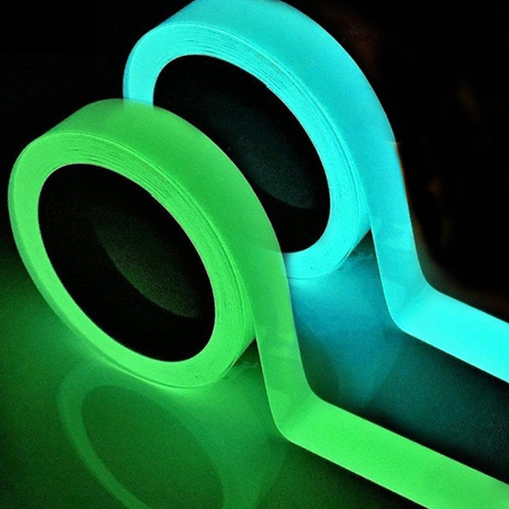 Xiciki 2 Rolls Glow In The Dark Tape, 10m x 10mm Luminous Tape, Waterproof Luminescent Strips, Self-adhesive Glow Tape for Stairs, Stage, Walls, Decoration, Safety Marking(Green ＆ Blue Light)