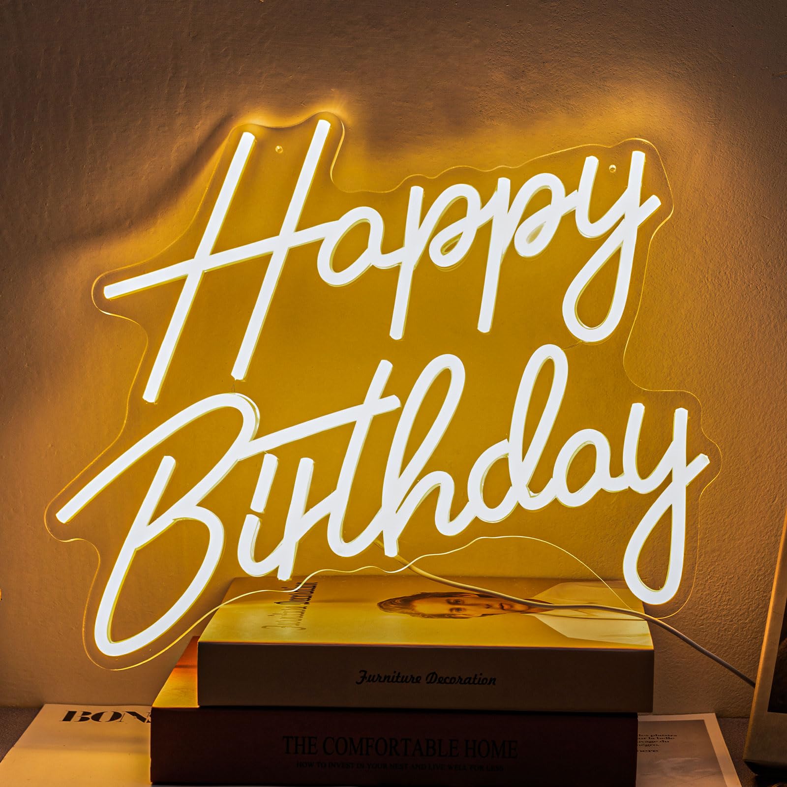 Happy birthday Neon Sign for Wall Decor LED Light Up Sign for Backdrop Bedroom Party Reusable Hanging Decoration USB Powered Warm White