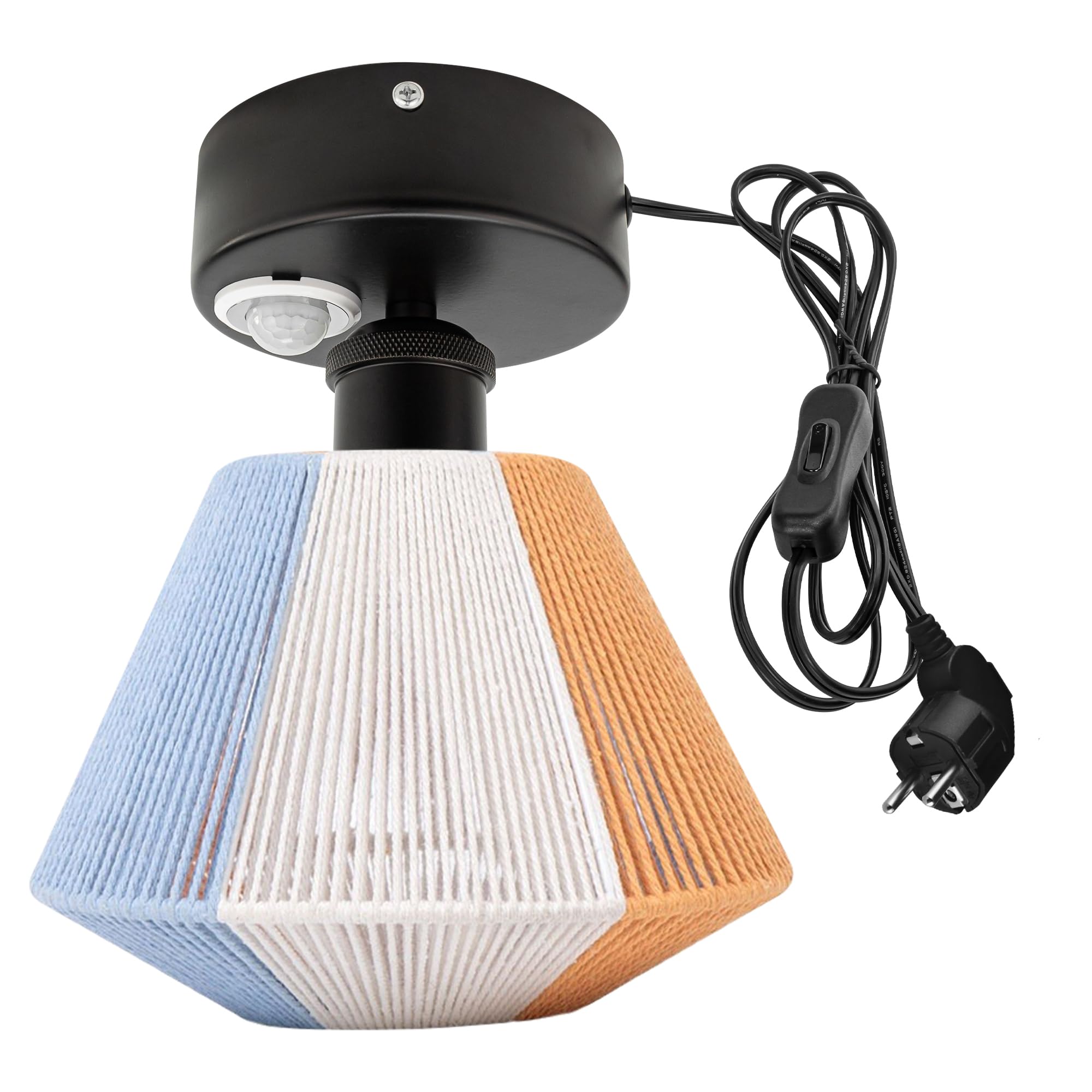 Lampada da soffitto con sensore di movimento interno, stile boho rattan, lampada da soffitto radar, sensore di movimento con cavo da 4,5 m e portalampada E27, per corridoio, bagno, scale,