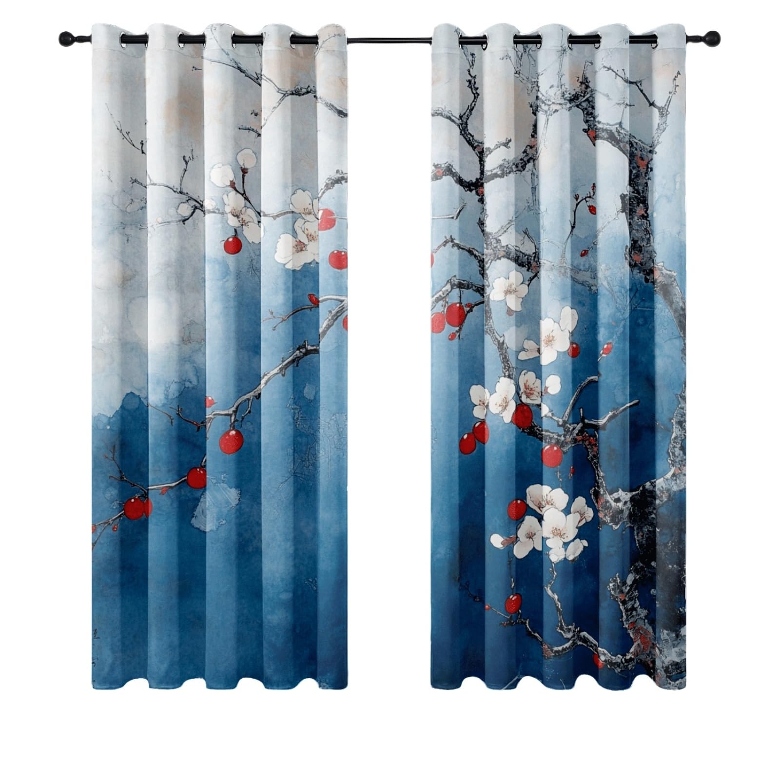 Curtain Blauer Baum Rot Gardinen Polyester Vorhang mit Ösen Blackout Curtain Waschbar Vorhänge mit Ösen Living Room Thermovorhang Schlafzimmer Verdunklungsvorhänge Blickdicht 2x140x160cm