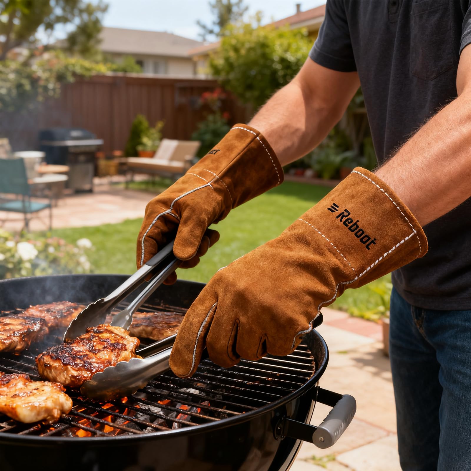 Reboot Gants de Soudage Résistants à la Chaleur Anti-Feu - Pour Brûleurs à Bois, Cuir Fendu de Vache, Gréeur, Barbecue, Four à Bois - 16"