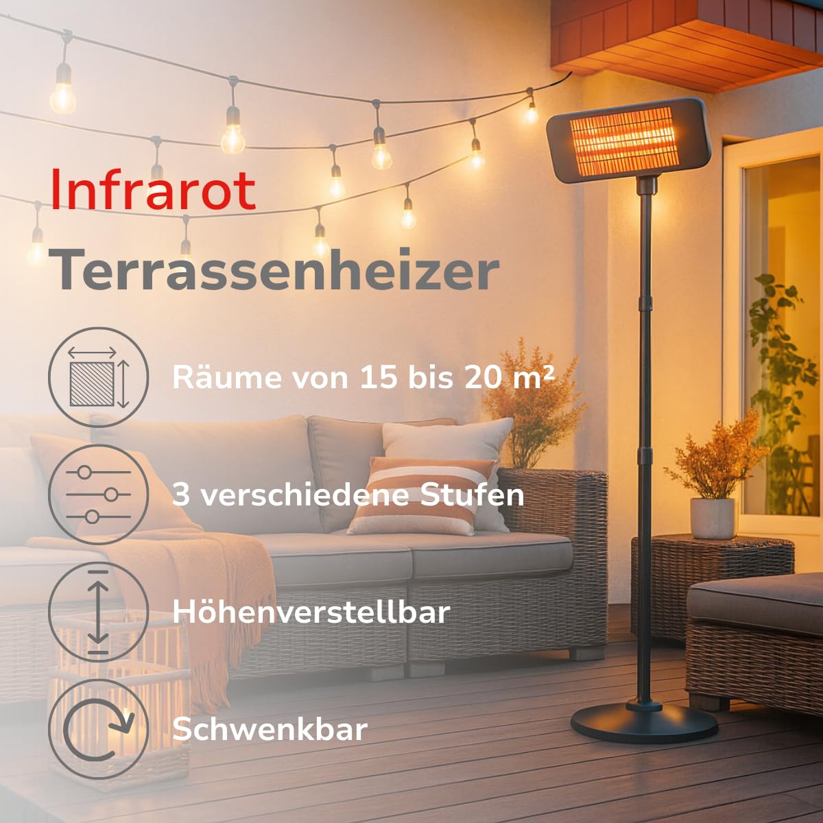 alpina Infrarotheizung Standgerät - Terrassenheizer 2000W 3 Heizstufen - Spritzwassergeschützter Heizstrahler IP24 mit Infrarotlampe - Heizstrahler Terrasse - Elektro Heizkörper - Heater