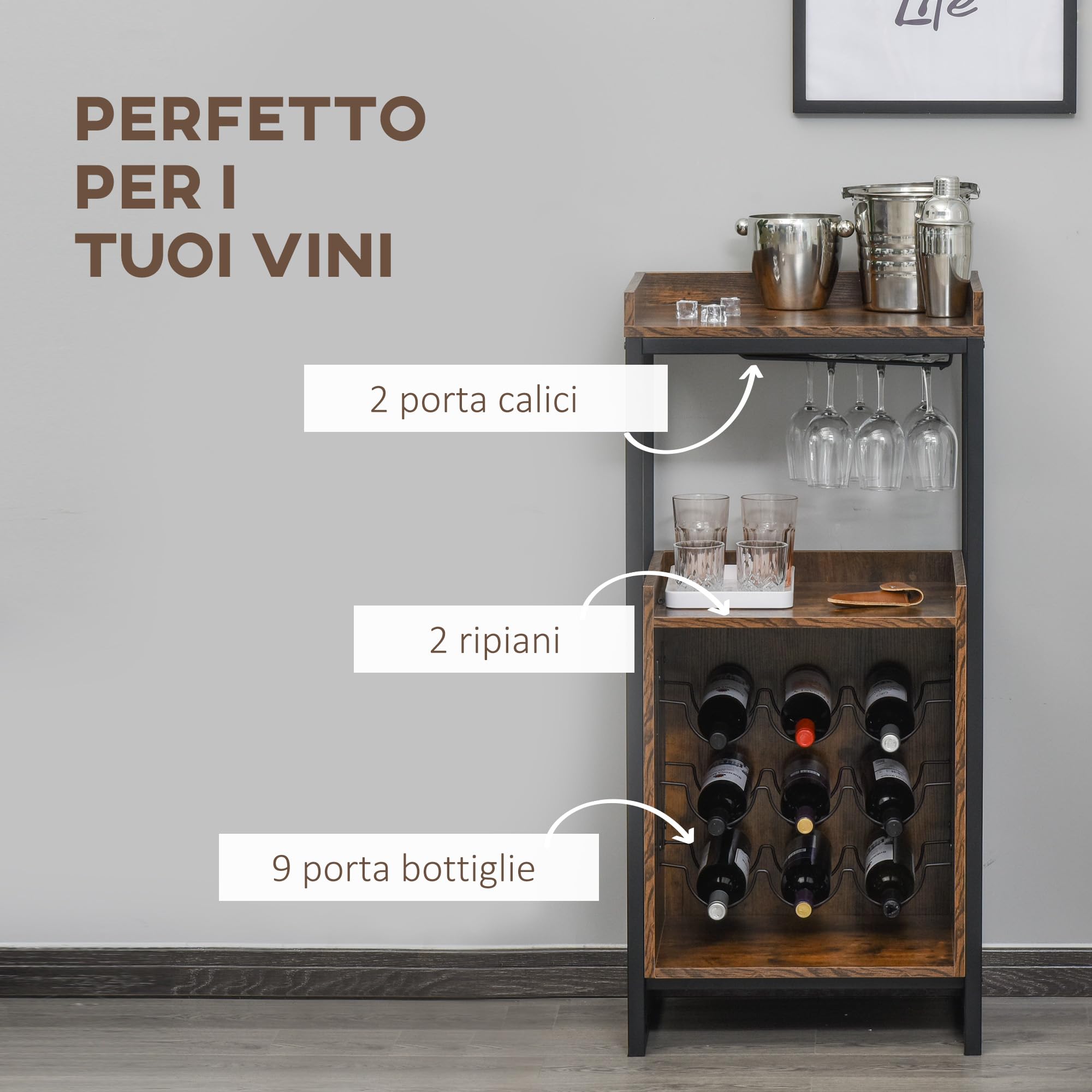 HOMCOM Mobile Portabottiglie Stile Industriale 52x40x113cm Marrone | Cantinetta Vini per 9 Bottiglie, con Portacalici e Ripiani