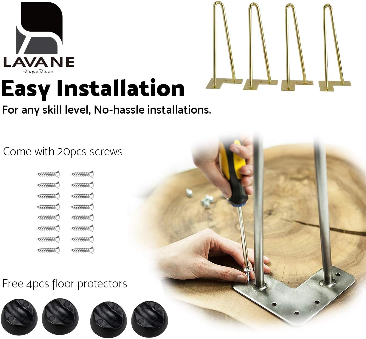 La Vane 8 inch Hairpin Table Legs (4-Pack), 20cm Mid-Century Modern Metal Furniture Legs for Coffee Table, Desk, Cabinet, TV Stand, Bench - with Screws & Floor Protectors