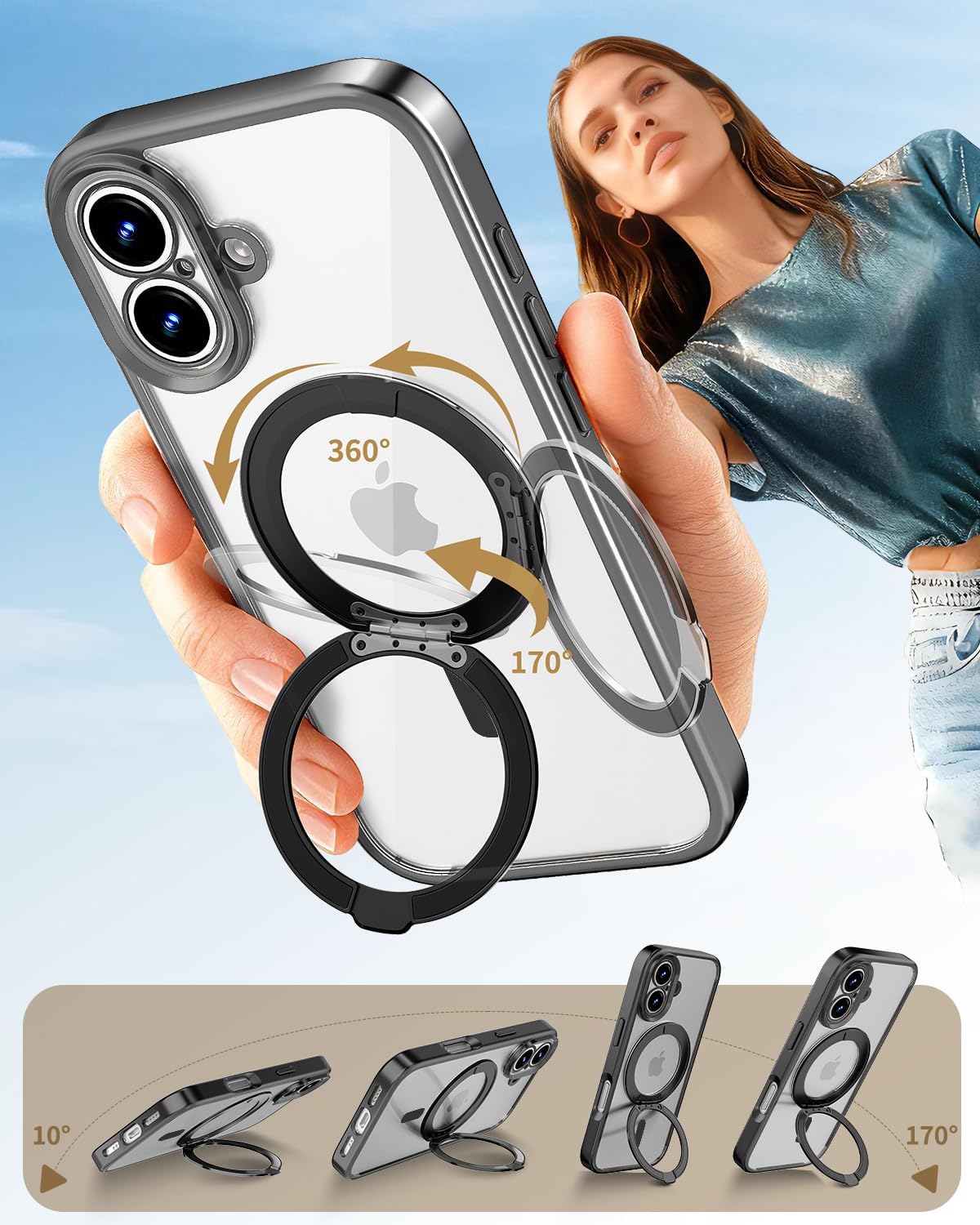 UREMKIM Magnetic for iPhone 17 Case Upgraded 360° Spin Magnetic Stand [Compatible with Magsafe][Military Drop Protection] Slim Polished Shockproof Clear for iPhone 17 Case 6.3", Black