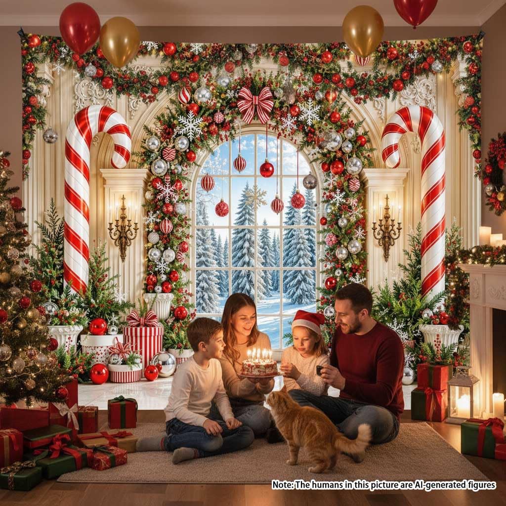 Arche enneigée Fenêtre Couronne de Noël Photographie Toile de fond Décoration de fête de Noël | Boîte cadeau en forme de sapin de neige pour Noël, hiver, vacances, famille, gâteau, table, photomaton, décoration 3 x 2,4 m