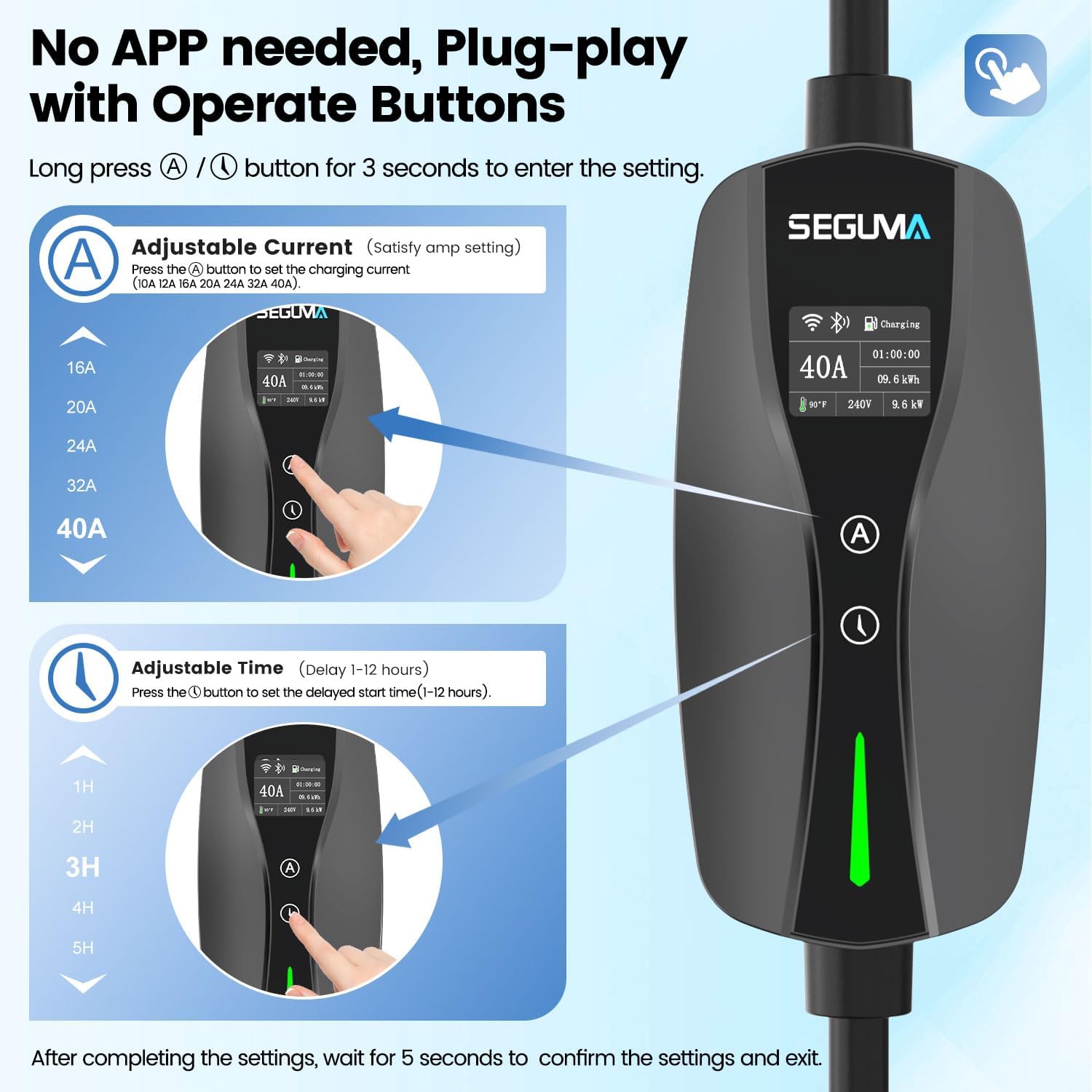 Level 2 EV Charger, 40A Electric Car Chargers with Wi-Fi/App Control, ETL Certified, NEMA 14-50 Plug, Adjustable Current, Timing Delay 25FT Electric Vehicle Chargers for J1772 BEVs/PHEVs 240V 9.6kW