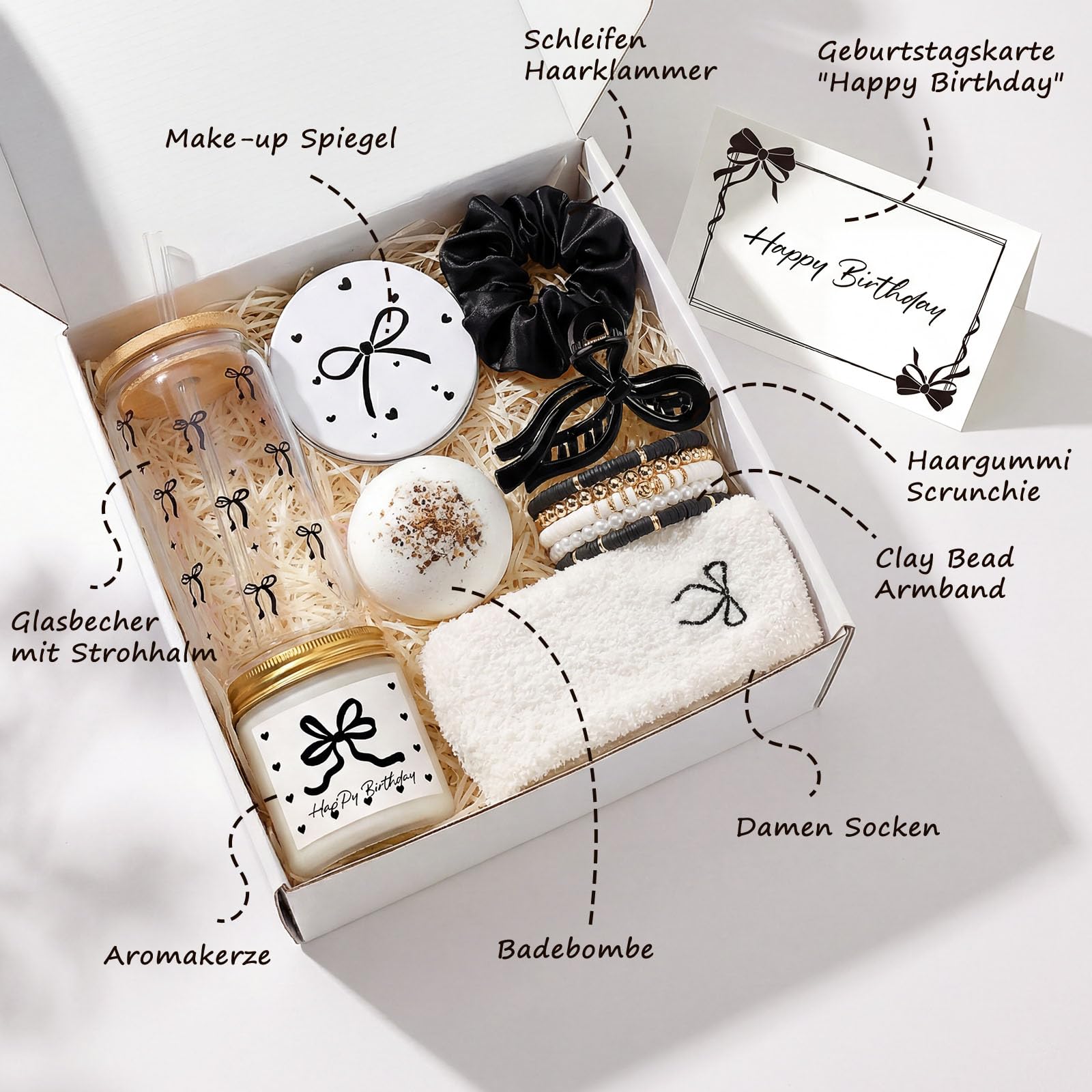 Elegantes Geburtstagsgeschenk für Frauen – Schwarze Schleifen Geschenkbox als exklusives Wellness Geschenkset mit Duftkerze, Badebombe & stilvollen Beauty Accessoires