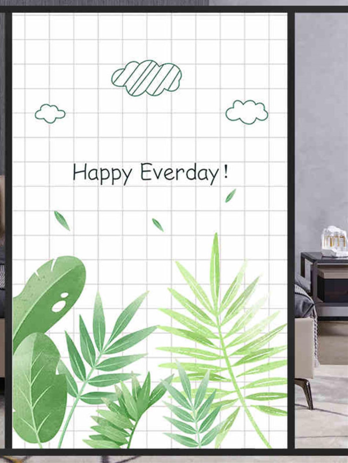 Window Film Privacy White Green Leaves Glass Frosted Privacy Film For Glass Windows Static Cling No Glue Window Films Covering Self Adhesive Anti Uv For Office Bathroom Home 60x120cm/1pcs