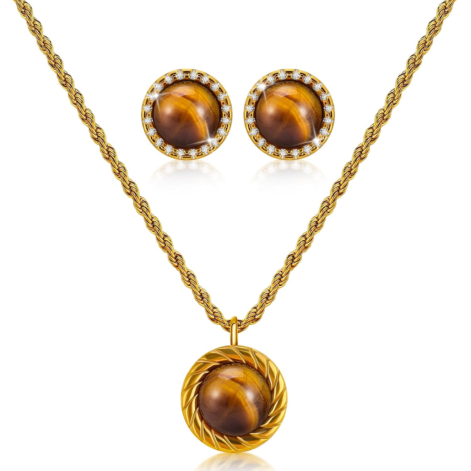 JATEBI Gold Tigers Eye Stone Necklace for Women, Chunky Gemstone Gold Necklace Wedding Earthy Jewelry Gift (2 Styles)