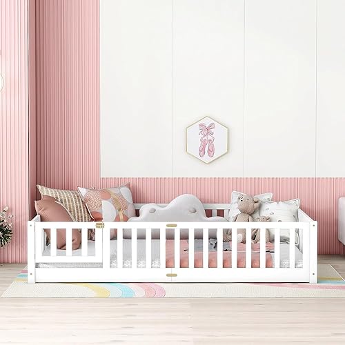 Miniatura 4 de Harper &amp; Bright Designs Cama de suelo tamaño Queen con valla y puerta, marco de cama Montessori de madera para niños, niñas, listones incluidos, no