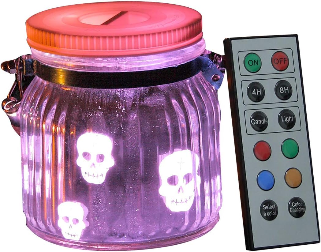 Candle Choice Mason Jar Light Indoor Outdoor Jar Light Battery Operated Lantern with Remote and Timer Halloween Light, Skull