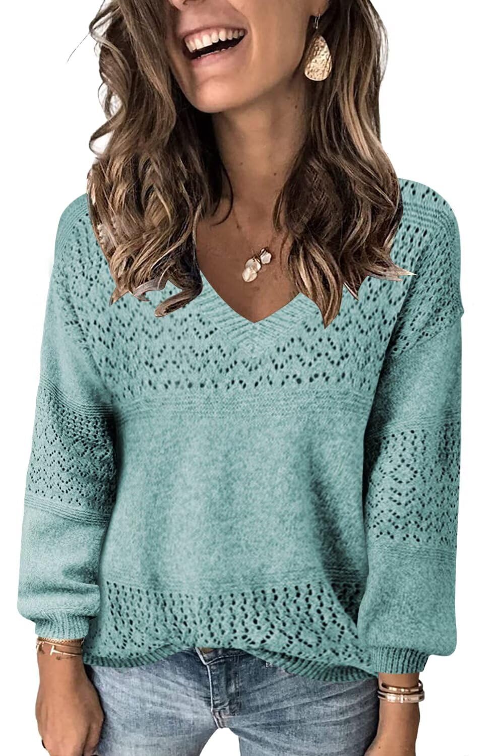 JOCAFIYE Womens Sweaters Casual Long Sleeve V Neck Pullover Sweater Tops