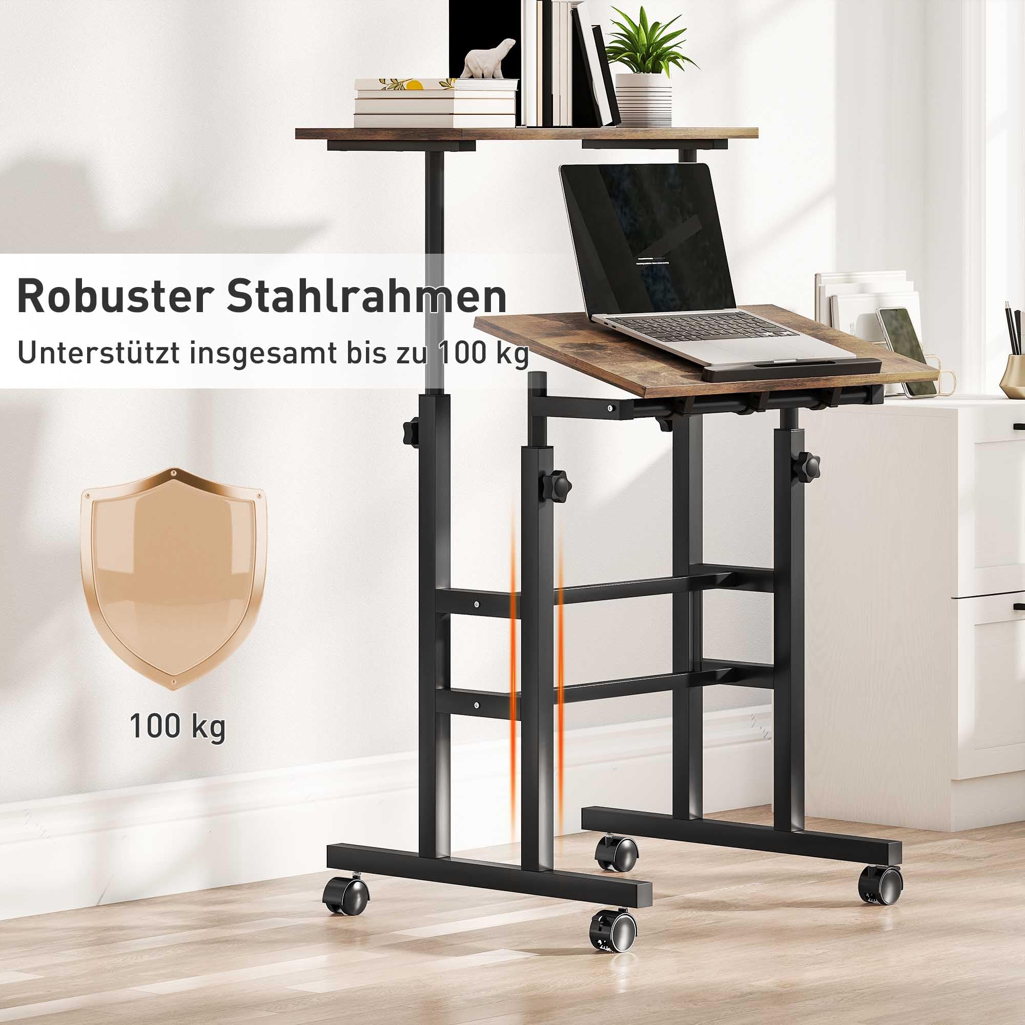 HOMCOM Schreibtisch Höhenverstellbar 60 x 60 x 70,5-120 cm Rustikal Braun
