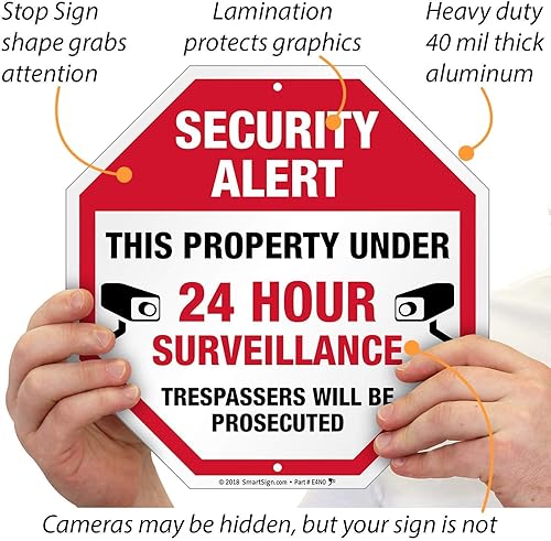Miniatura 6 de SmartSign Cartel de seguridad de alerta de seguridad de 10 x 10 pulgadas con vigilancia de 24 horas, con estaca de 3 pies, aluminio laminado de 40