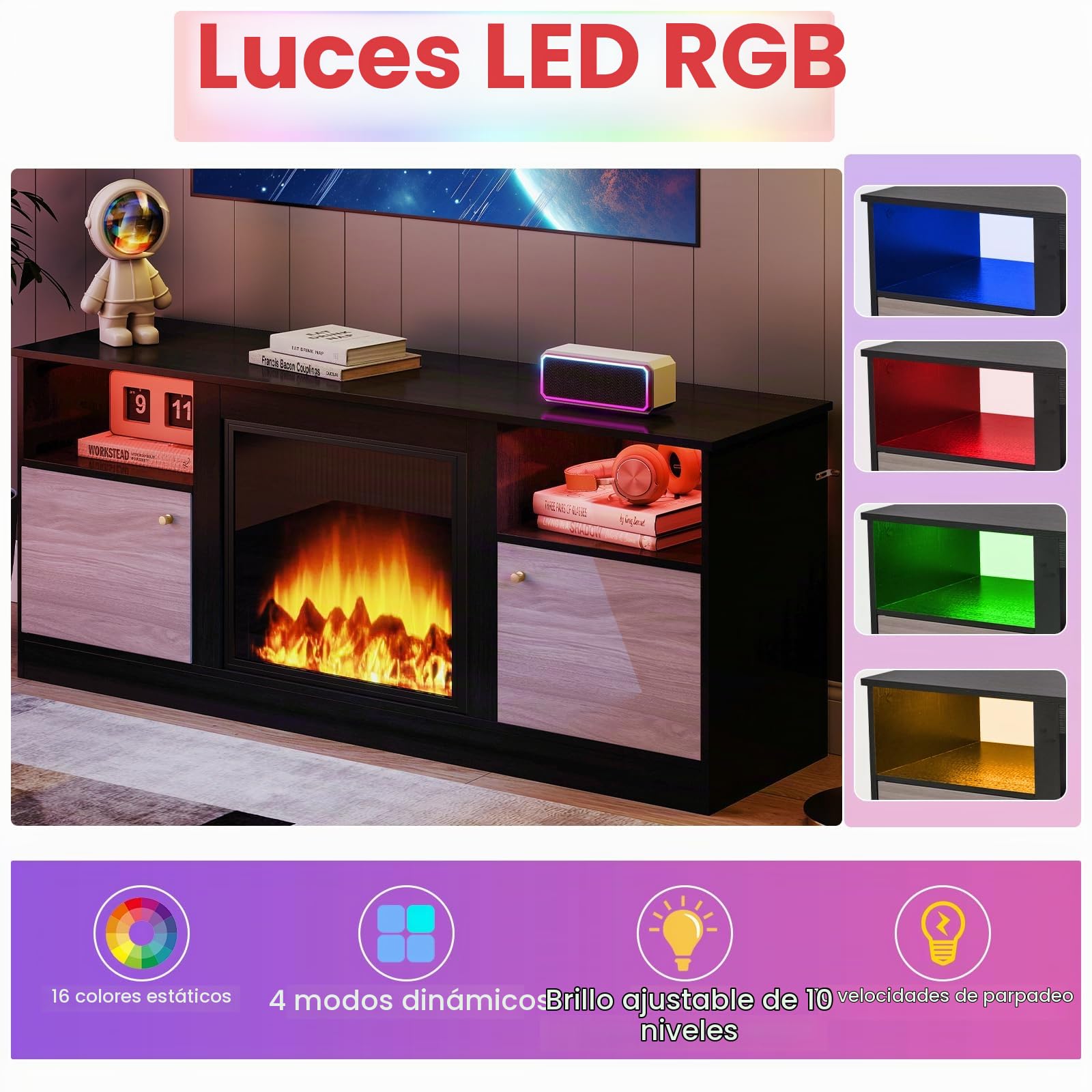 KOMFOTTEU Mueble para TV de 65" con Luces LED | Mesa Baja para Televisor con Estante Ajustable y Compartimento Abierto, Centro de Entretenimiento para Salón, Dormitorio
