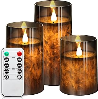 Flickering Flameless Candles: LED Warm 3D Wick Light Pillar Candle Acrylic Battery Operated Candles with Remote and Timer Real Wax Christmas Home Table Decor, Gray, D 3" H 4" 5" 6"