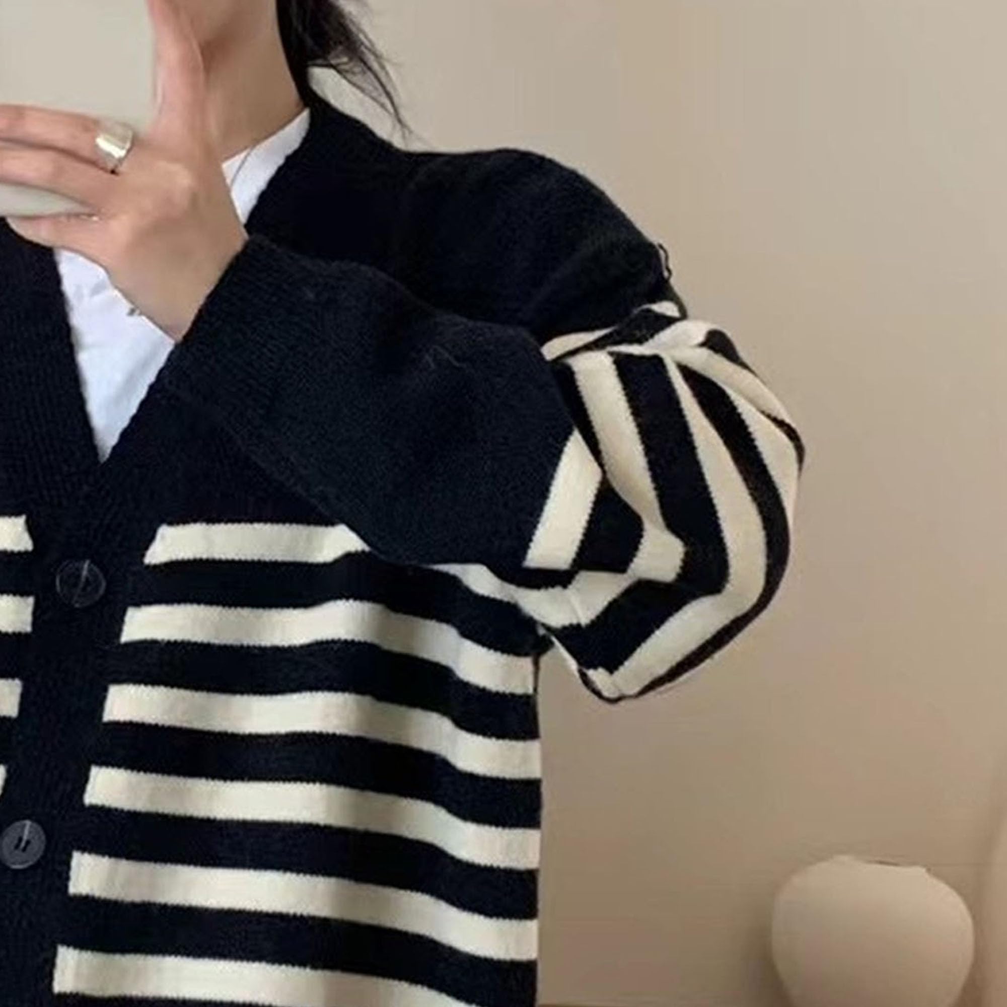 Women's 2025 Long Sleeve Striped Sweater Open Front Chunky Cable Knit Cardigans Lightweight V Neck Outerwear Coats (Medium,Black)