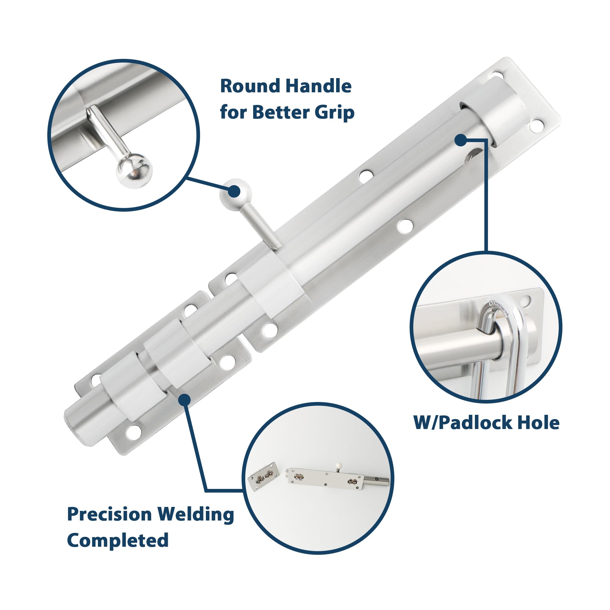 Verrou de porte coulissant Alise de 25,4 cm avec trou pour cadenas, barre de 1,9 cm de diamètre en acier inoxydable massif et nickel brossé (cadenas non inclus)