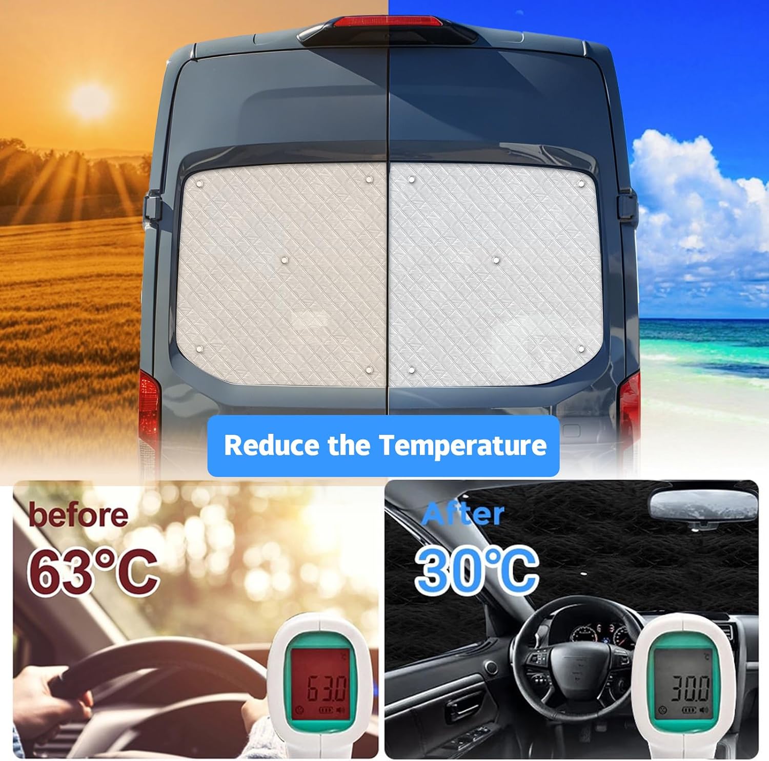 Rear Window Sun Shade for Ford Transit 2015-2024 2025 2026, 5-Layer Heat & UV Blocking Sunshade, Suction Cup Fit for Transit 2015-2026 (2PCS)