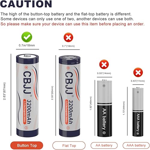 Miniatura 2 de CBJJ Batería recargable de 3.7 voltios 18650 batería 3200mAh con botón superior para linternas, faros, etc. (paquete de 8, gris)
