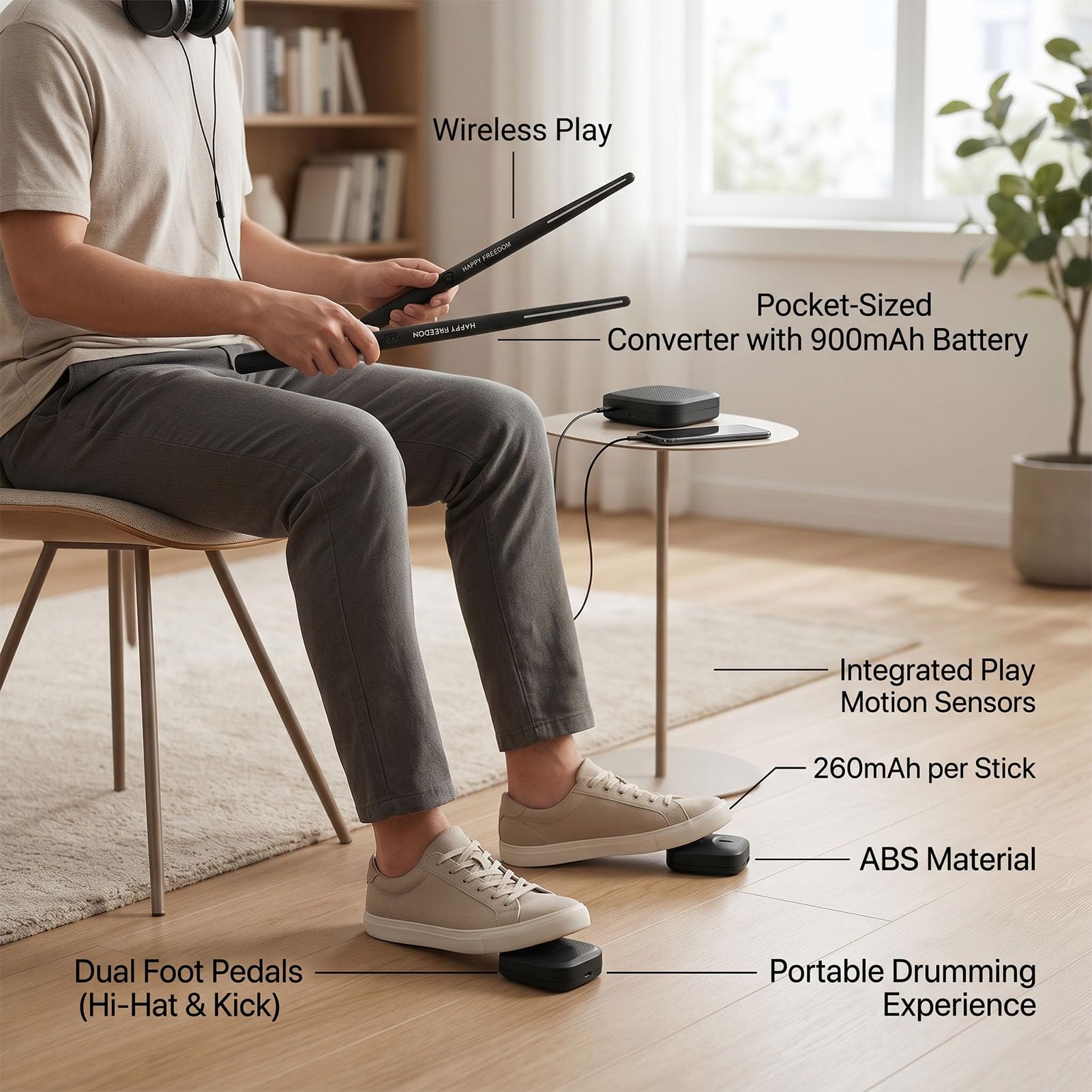 ZJchao Kit de Baguettes électroniques Air Drumsticks, Batterie Virtuelle avec Pédales à Détection de Mouvement 3D, Convertisseur de Son, Portable et Rechargeable, pour la Maison, le (BLACK)