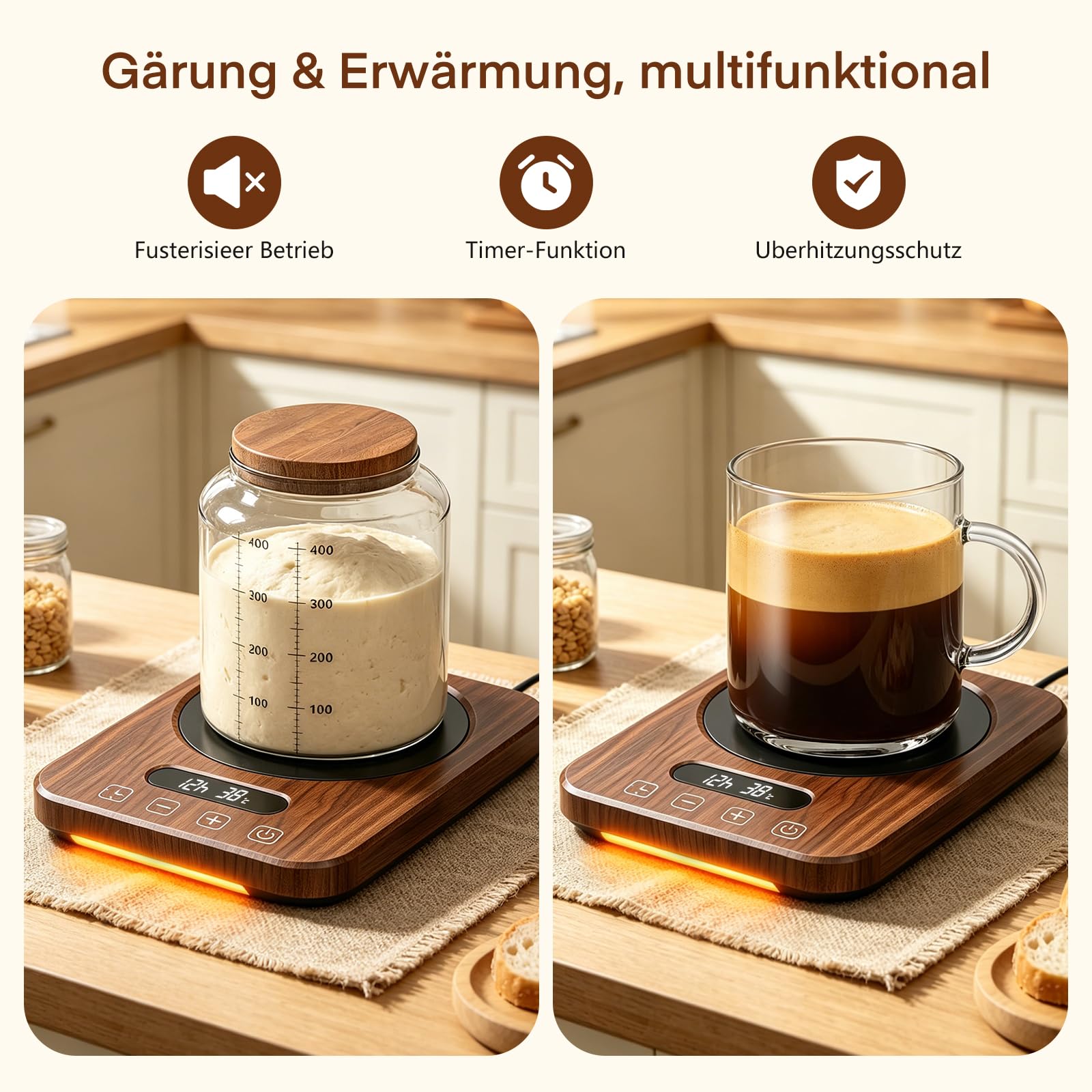 Sauerteigwärmer 21-38℃ Präzise Temperaturregelung, 12H Timer Wärmeplatte mit Speicherfunktion für Brotbacken Fermentation