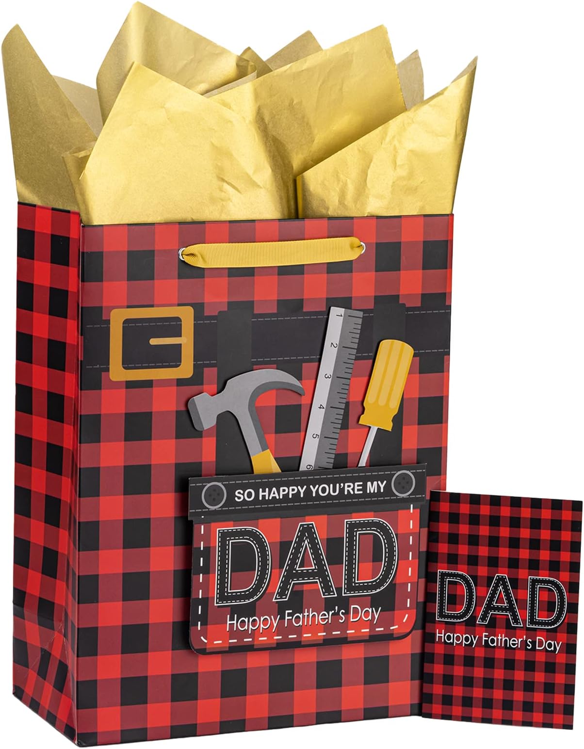 Loveinside Black and Red Plaid Father's Day Gift Bag with Tissue Paper and Greeting Card for Fathers Day, Party, and More - 13" x 10" x 5", 1 Pcs
