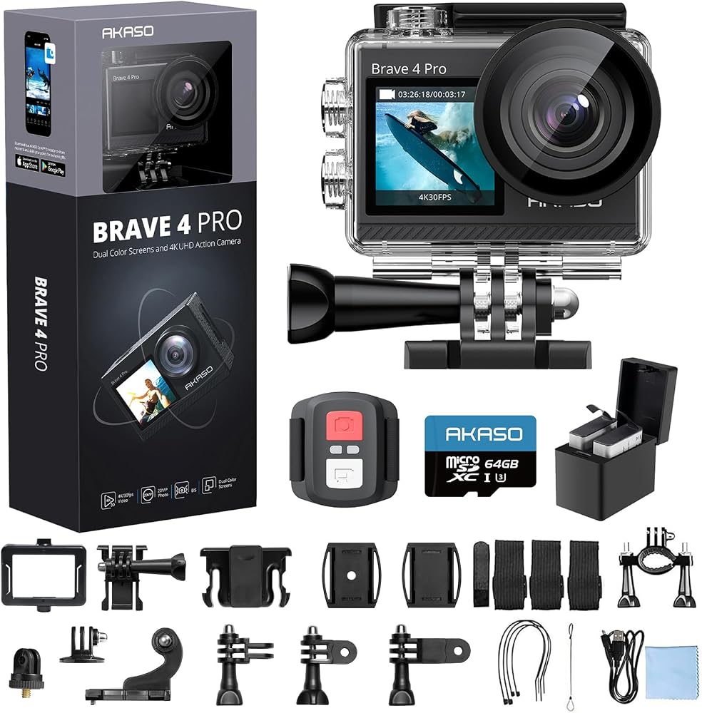 AKASO Brave 4 Pro Action Camera 4K with 64GB MicroSD U3 Card Bundle
