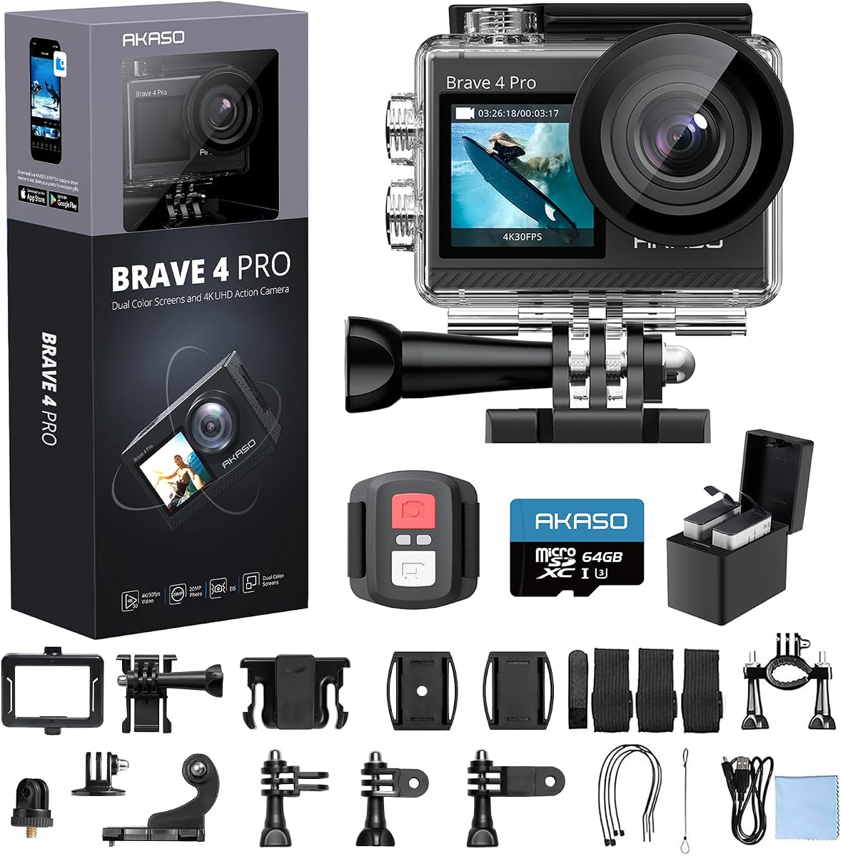 AKASO Brave 4 Pro Cámara de acción 4K con paquete de tarjeta MicroSD U3 de 64 GB | Cámara impermeable subacuática de 131 pies, pantalla táctil EIS de 20MP, WiFi, zoom 5X con baterías 2x1350mAh y kit de accesorios para casco