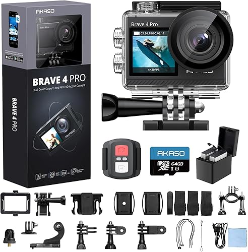 AKASO Brave 4 Pro 4K30 Cámara de acción con tarjeta MicroSD U3 de 64 GB, cámara impermeable subacuática de 131 pies con pantalla táctil EIS Control