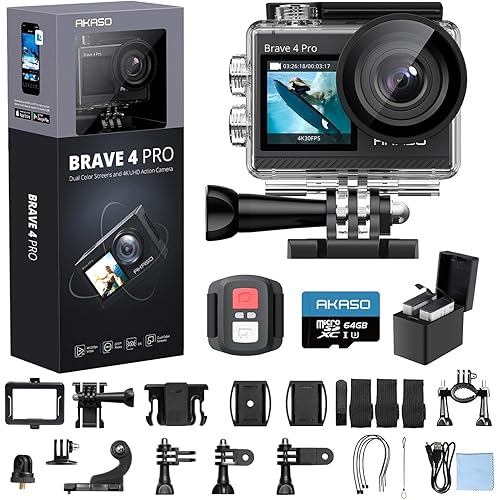 AKASO Brave 4 Pro 4K30 Action Camera with 64GB MicroSD U3 Card, 131FT Underwater Waterproof Camera EIS Touch Screen Remote Control with 2x1350mAh Batteries and Helmet Accessories Kit Bundle
