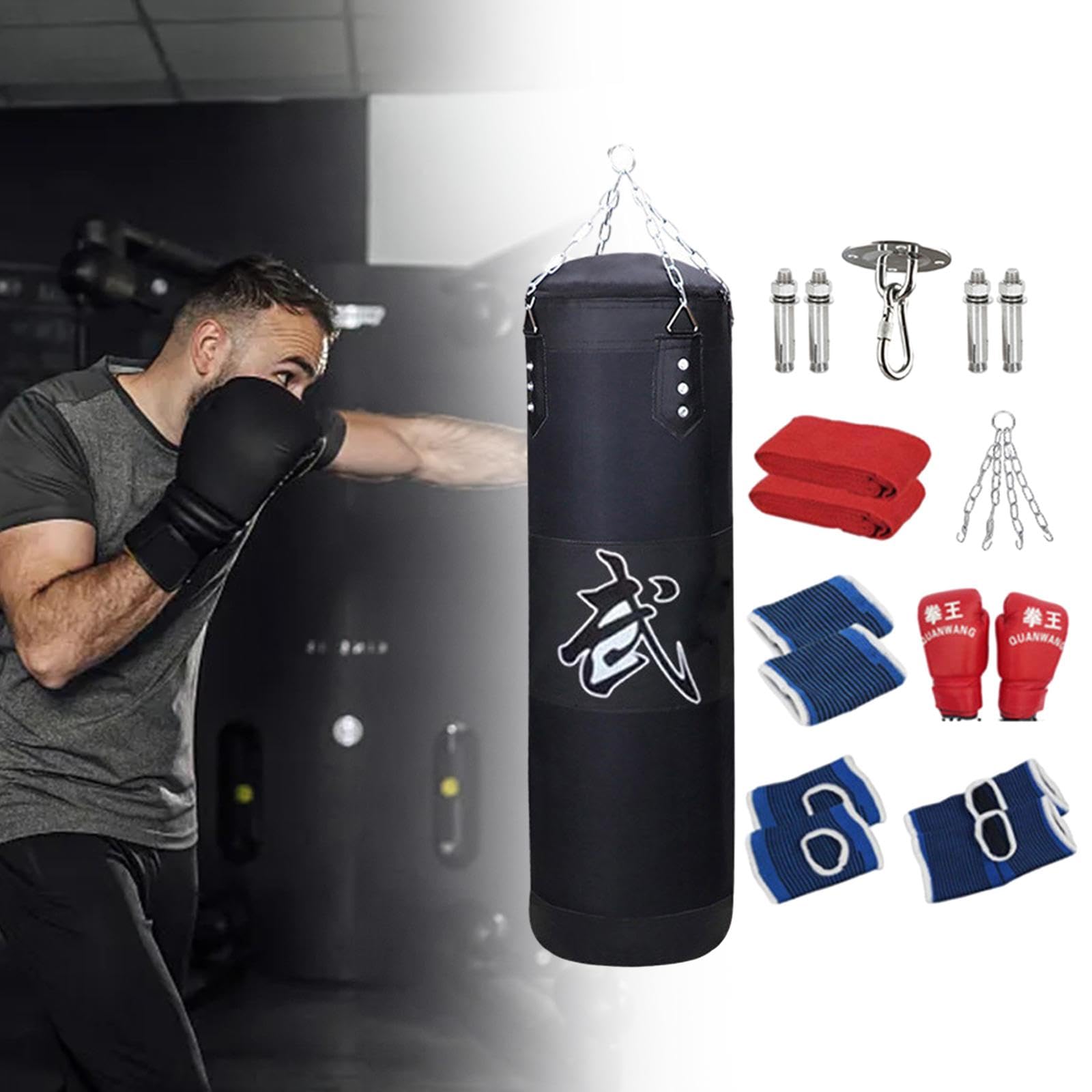 rockible Saco de Boxeo Colgante sin Relleno, Saco de Boxeo con Guantes, Protectores de Manos, Saco de Boxeo rellenable para Adultos y niños, Taekwondo