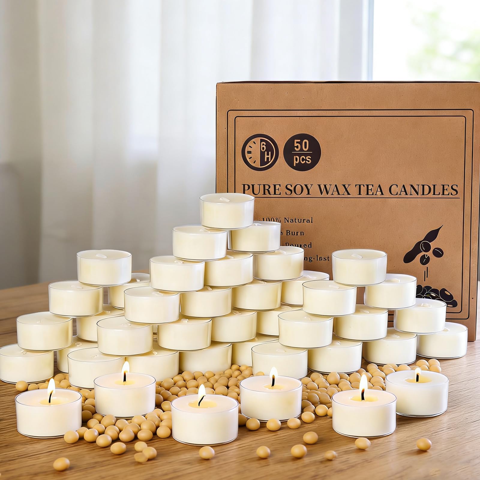 50 Stück 6 Stunden Teelichter aus 100% Sojawachs, natürliche, geruchlose Brenndauer, paraffinfrei, ungiftig, vegan, in durchsichtiger Tasse