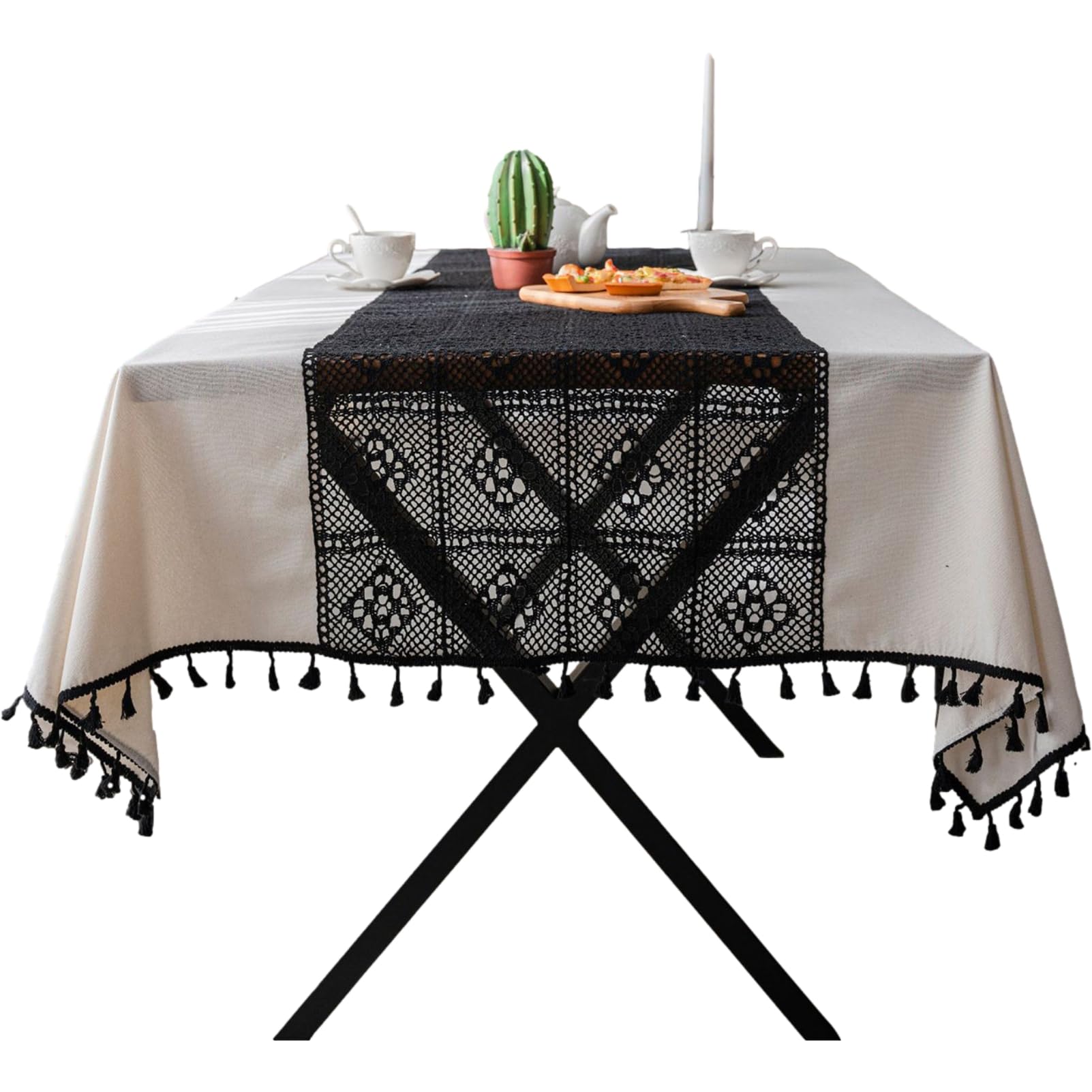 Crochet Lace Tablecloth With Tassel | Rectangular Table Cover 55x79 Inch For Wedding Party - View #2