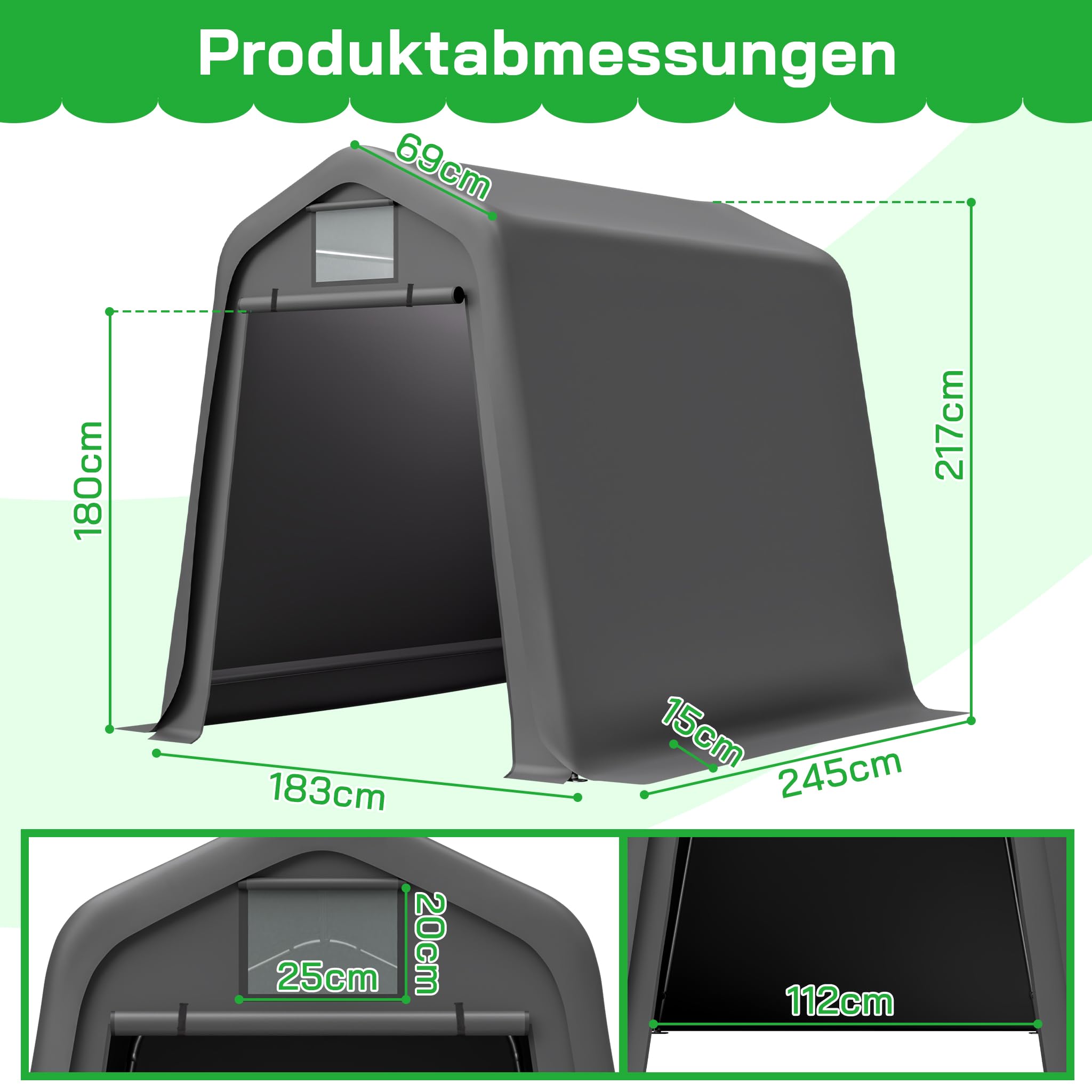 Aufbewahrungsschuppen PE 245x183x217 cm Grau mit Rollos | Wasserdichtes PE-Material, mit Rollos, UV- und windfest, als Gerätehaus oder Fahrradunterstand nutzbar