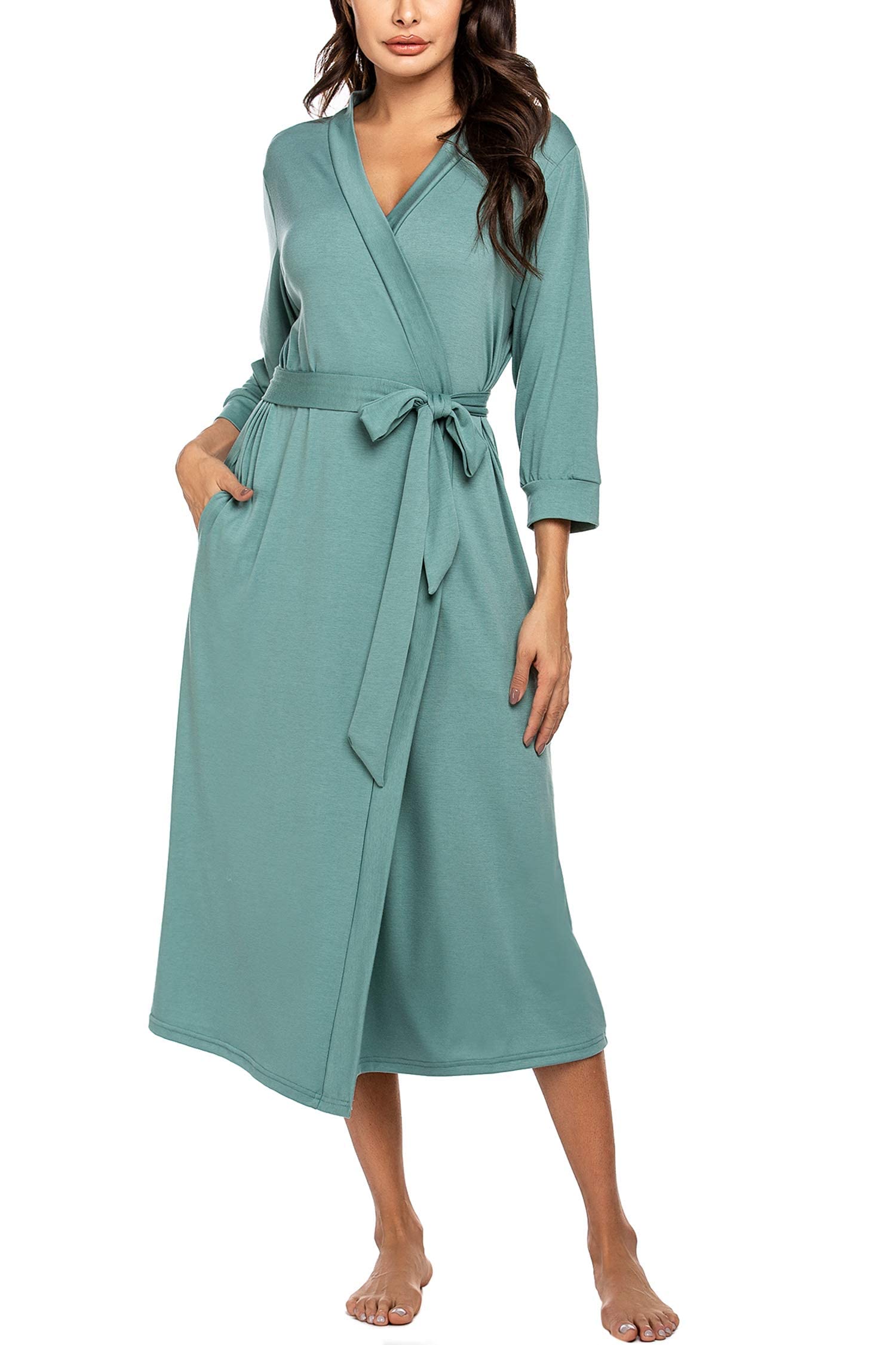 Unibelle Damski szlafrok z bawełny, rękawy 3/4, szlafrok kąpielowy, bielizna nocna, kimono, szlafrok do sauny z głębokim dekoltem w serek