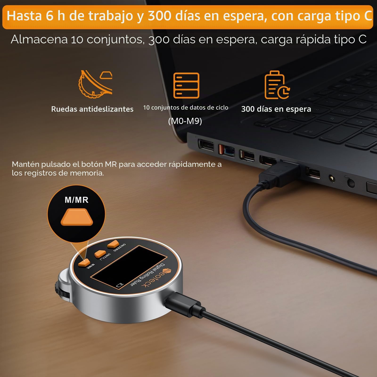 Neoteck Cinta Métrica Digital 656Ft/200M Regla Rodante Electrónica con Pantalla LCD y 5 Modos de Referencia Regla Digital Recargable para Medir Superficie Plana, Curva, Diámetro y Forma Irregular