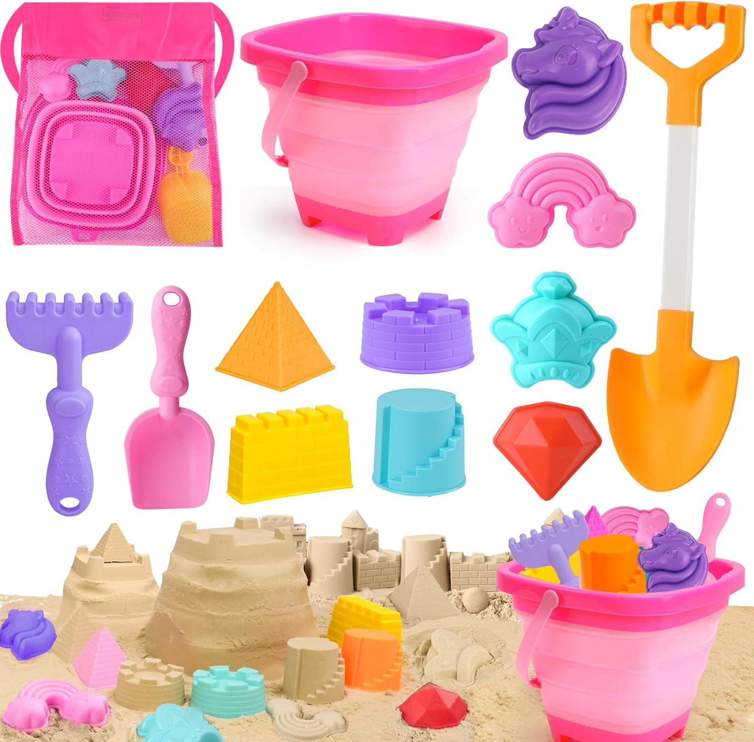 AuntyFey Collapsible Beach Toys for Kids Ages 4-8, Sand Toys for Toddlers Ages 3-4-8, Beach Toy Set with Collapsible Beach Buckets, Sandbox Toy for Kids