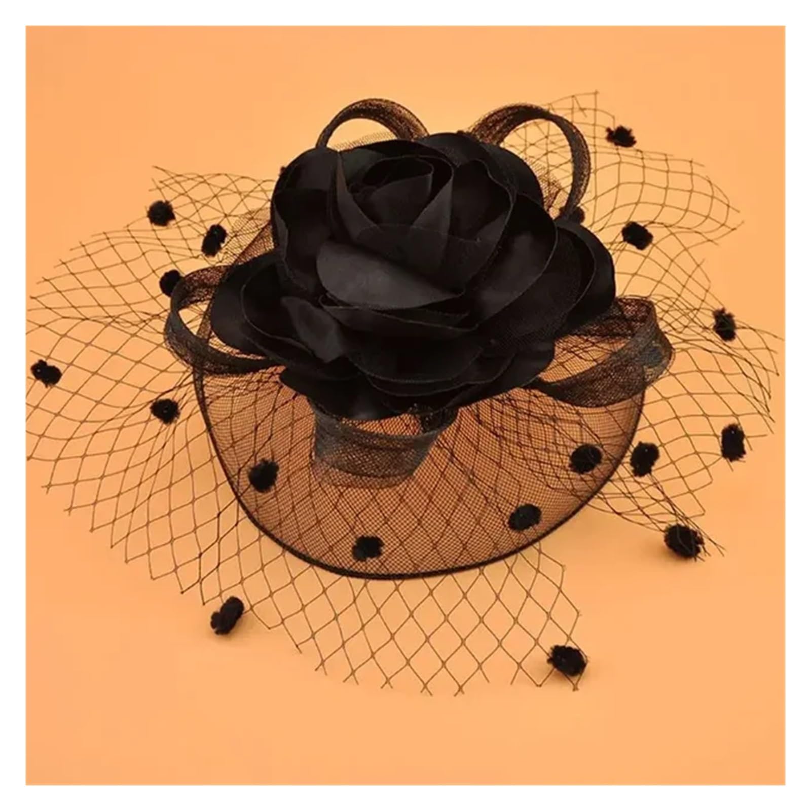UALXPAO Wedding Hats Women Mesh Fascinator Cocktail Tea Party Hat Hair Accessories Wedding Church Headwear with Veil Flower Dots for Tea Party,Weddings(Black)