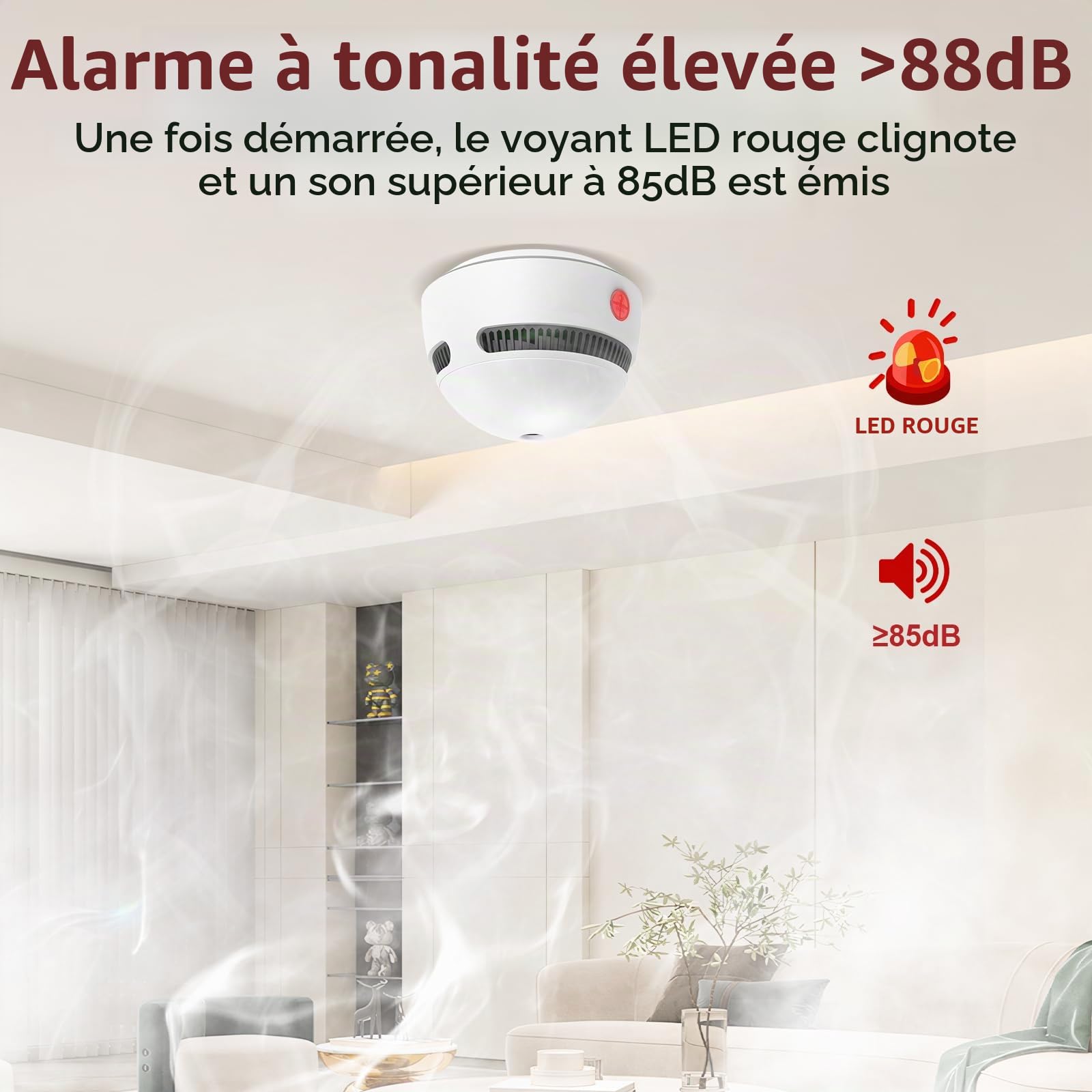 Detecteur de Fumée, 6 Pièces Détecteur de Fumée Batterie de 10 Ans Alarme Incendie Detecteur Fumee, Bouton Test/Silence, Blanc, 85 DB