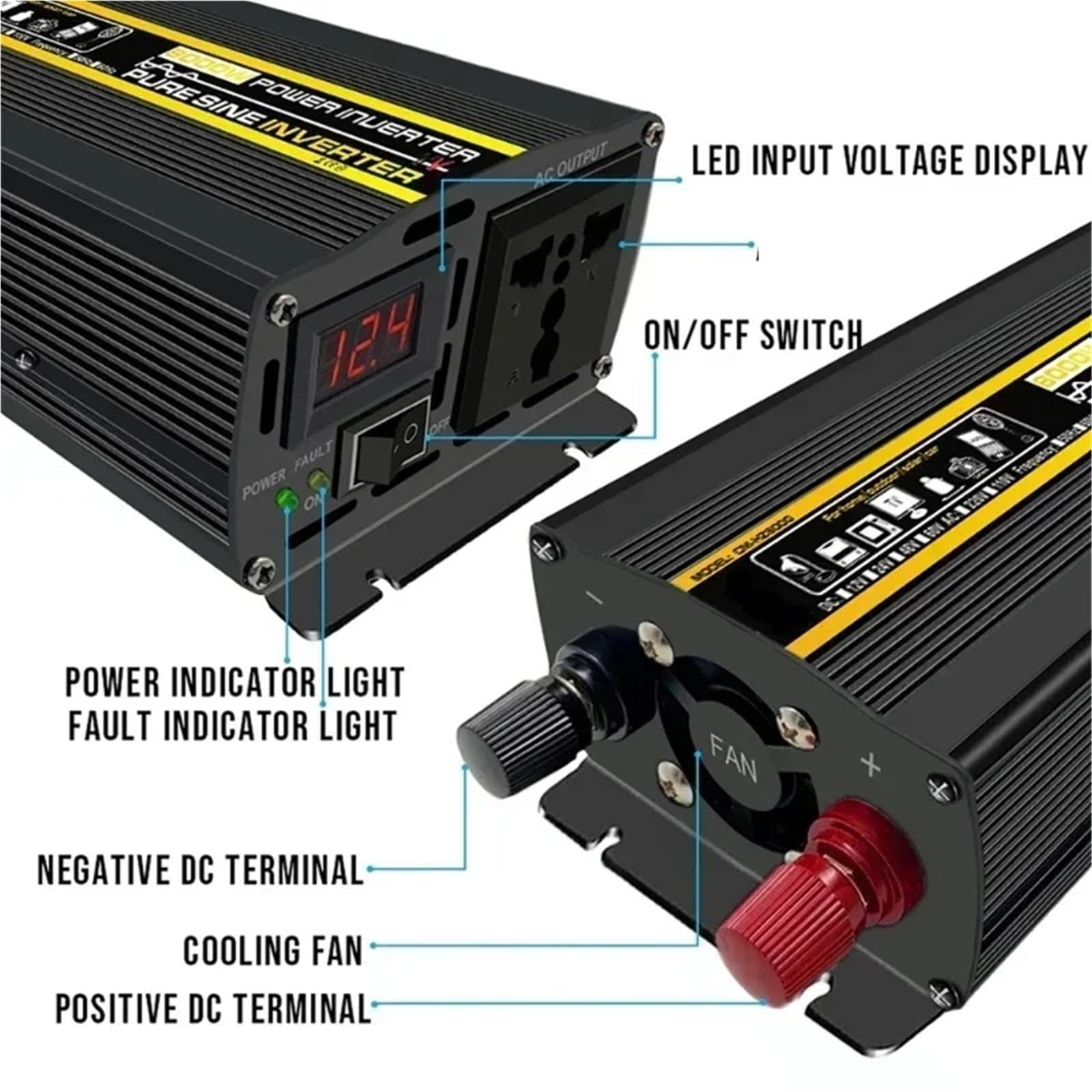 Inverter, Trasformatore Di Conversione Tensione Con Inverter A Onda Sinusoidale Pura Da 12/24 V A,per Auto,Camion, Camper