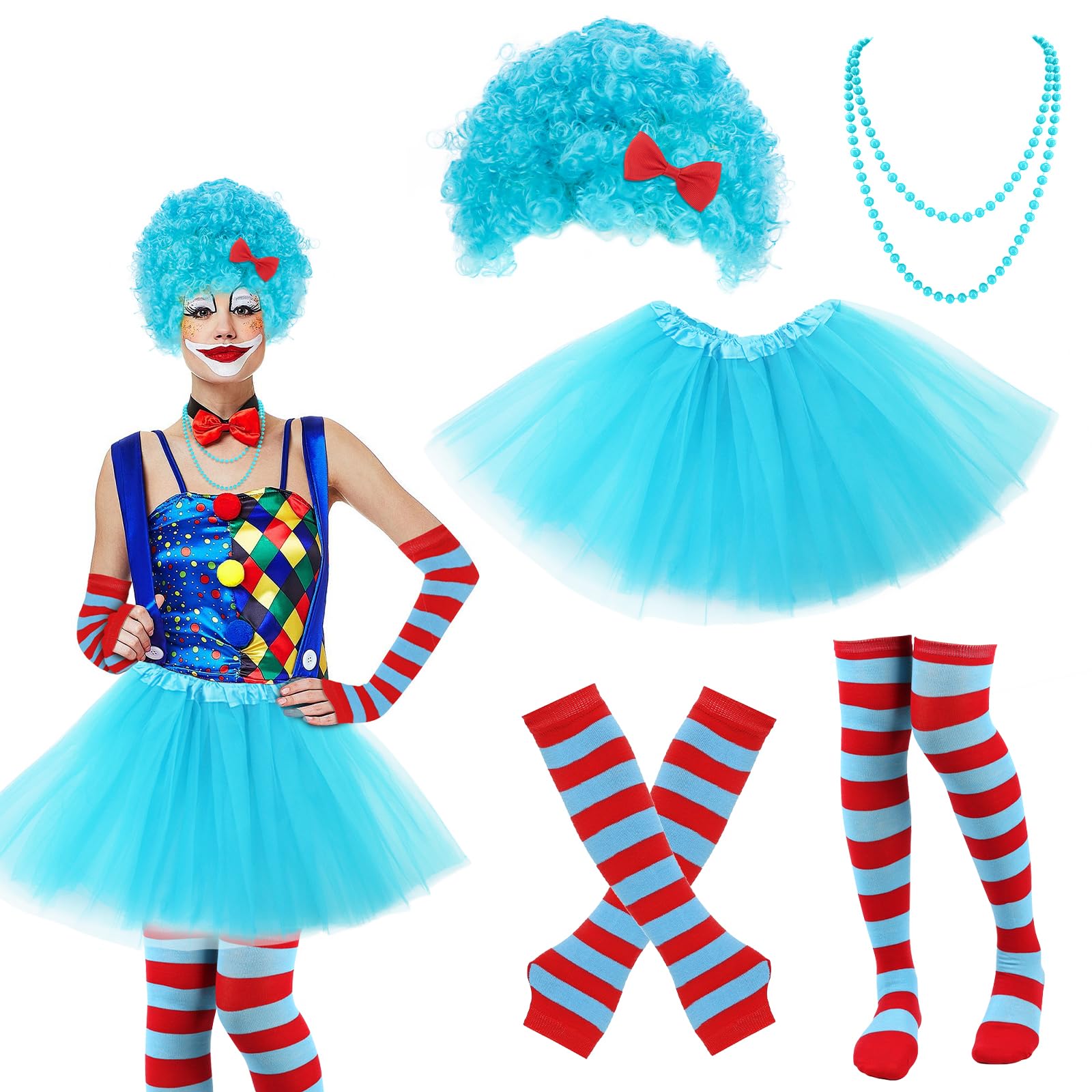 5Pcs Blau Tutu-Kostümset, Perücke Blau, Tüll-Tutu-Rock, Blau-Rot Gestreifte Handschuhe Socken und Perlenketten, Cosplay Kostüm für Frauen Mädchen, Kostümzubehör für Karneval Fasching Halloween
