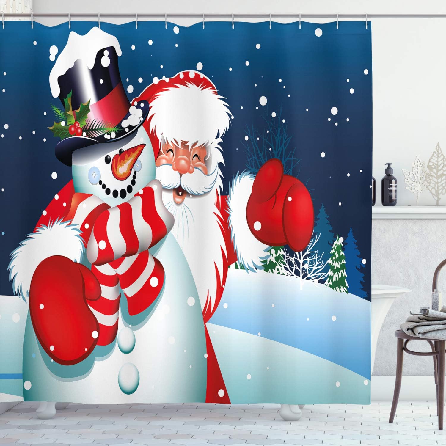ABAKUHAUS Christmas Shower Curtain, Smiling Santa Claus Hugging Snowman in Cartoon Style Winter Hills Fir Trees, Cloth Fabric Bathroom Decor Set with Hooks, 70 Inches, Blue Red White