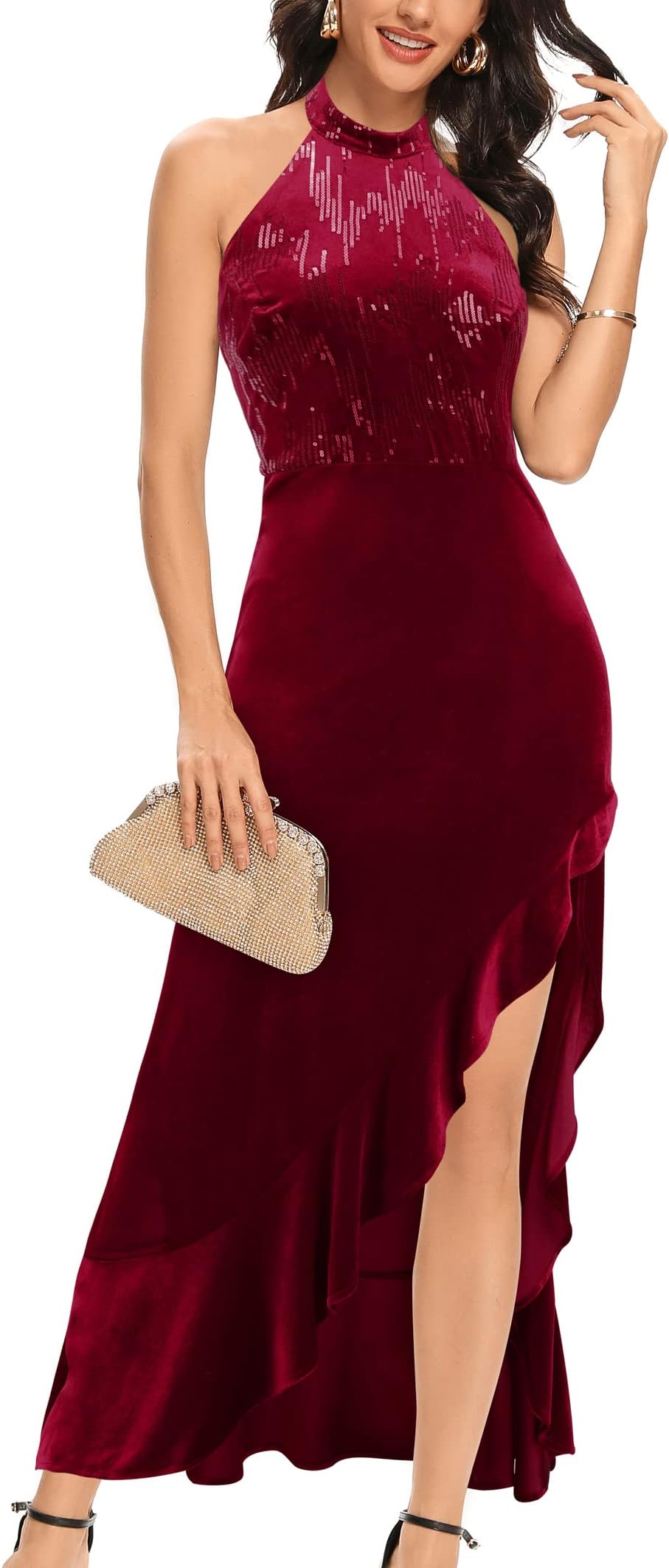 Women's Sleeveless Halter Neck Velvet Ruffle Slit Maxi Formal Dress