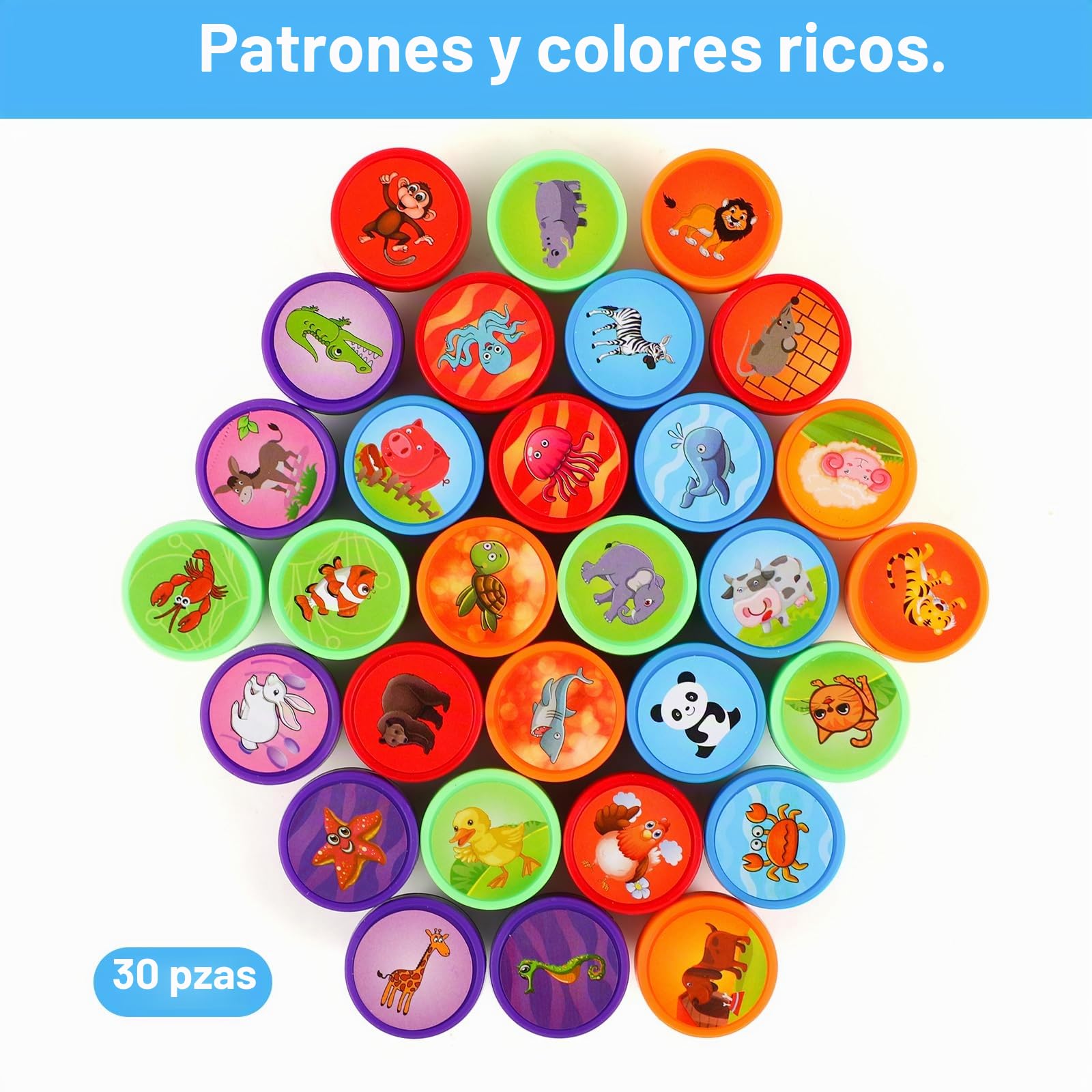 RMIVEGLIA Set de 30 Sellos Infantiles – Sellos para Niños Autotintables con Dibujos de Animales, de Plástico en 5 Colores, Regalos Cumpleaños Niños Colegio, Detalles para Fiestas.